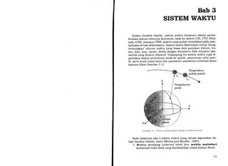 Bab 3
SISTEM WAKTU
Dalam Geodesi Satelit, sistem waktu berperan dalam pende-
finisian sistem referensi koordinat, baik itu sistem CIS, CTS, Ellip-
soid, ICRS, maupun ITRS, seperti yang sudah terindikasi pada pem-
bahasan di bab sebelumnya. Sistem waktu diperlukan untuk tneng-
hubungkan'ukuran waktu yang biasa kita gunakan (tahun, bu-
lan, hari, jam, menit, detik) dengan fenomena fisik maupun geo-
metrik yang diukur/diamati. Disamping itu sistem waktu juga di-
perlukan dalam penentuan jarak ke satelit, penentuan orbit sate-
lit, serta studi rotasi bumi dan parameter-parameter orientasi Bumi
lainnya (lihat Gambar 3.1).
Ciambar 3.1 Peran sistem r,r'aktu dalam Geodesi Satelit.
Pada dasarnya ada 3 sistem waktu yang umum digunakan da-
lam Geodesi Satelit, yaitu [Moritz and Mueller, 1987]:
!. Waktu bintang (sidereal time) dan utaktu mataharl
(uniuersal/ solar timel yang berdasarkan rotasi harian Bumi.
51
 