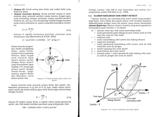 '/ ,1 ( icorlr:.st Salt,lil
. Hukum III: Untuk setiap aksi selalu ada reaksi balik yang
besarnya sama.
. Hukum Gravitasi Newton: Setiap partikel massa di alam
semesta akan menarik partikel massa lainnya dengan gaya
yang sebanding dengan perkalian massa partikel-partikel
tersebut (m, dan mr), dan berbanding terbalik dengan kuadrat
jarak antara keduanya (r), seperti yang diformulasikan berikut
ini:
p- 6
ffir'ffi2
t'
(4.41
dimana G adalah konstanta gravitasi universal yang
mempunyai nilai [Montenbruck & Gill, 2000]:
G = (6,67259 I 0,00085) . 16-tt m3kg-1s-2.
Dalam konteks pergera-
kan satelit mengelilingi
Bumi, maka berda-
sarkan hukum gravitasi
Newton, akan terjadi
tarik menarik tidak
hanya antara satelit
dengan Bumi seperti
yang ditunjukkan pada
Gambar 4.9, tetapi juga
antara satelit dengan
benda-benda langit
lainnya seperti Bulan
dan Matahari, serta
planet-planet lain.
''r..... ,l.
,.I
l, .......t
-ry
Gambar 4.9 Tarik menarik antara Butni clan
Satelit
Dalam konteks tarik menarik antara Bumi dan satelit, ber-
dasarkan persamaan (4.3), dan (4.41 di atas, maka vektor perce-
patan satelit (a) akibat adanya gaya tarik Bumi dapat dirumuskan
sebagai berikut:
GM
4= o t
r'
dimana M adalah massa Bumi, r adalah vektor posisi geosentrik
satelit, dan GM adalah koefisien gravitasi yang mempunyai nilai:
(4.s)
GM = (398600,4405 t 0,001) km3 s-2
Sumbu - X
Ganbar 4.10 Illcnren l(eplerial dari orbit satelit
Srsllnr ( )r/rrl
Sebagai catatan, nilai GM di atas ditentukan dari analisa <litlit
pengamatan sistem SLR [Ries et al., 19891.
4.2 ELEMEN KEPLERIAN DARI ORBIT SATELIT
Ukuran, bentuk, dan orientasi orbit suatu satelit yang mengeli-
lingi Bumi, serta lokasi dari satelit dalam orbit tersebut biasanya
dikarakterisasi dengan enam (6) elemen yang umum dinamakan
elemen Keplerian Elemen-elemen tersebut yang secara geometris
ditunjukkan pada Gambar 4.10 adalah:
O = asensio rekta dari titik nodal (ascending nodel.
: sudut geosentrik pada bidang ekuator antara arah ke titik
semi dan arah ke titik nodal.
i = inklinasi orbit
= sudut antarbidang orbit satelit dan bidang ekuator
cD = orgument of peigee
a
e
f
= sudut geosentrik padabidang orbit antara arah ke titik
nodal dan arah ke perigee.
= sumbu panjang dari orbit satelit
= eksentrisitas dari orbit satelit
: anomali sejati = sudut geosentrik pada bidang orbit anta-
ra arah ke perigee dan arah ke satelit.
t,t
Pusot bumi
Titik nodol
(ascending node)
 