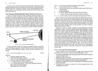 <)4 (icodesi Satelil
Akhirnya patut dicatat bahwa karena efek dari atmospheric drag
bergantung pada densitas atmosfer di lokasi satelit, maka pemodelan
karakteristik dan dinamika atmosfer yang relatif kompleks meru-
pakan salah satu tantangan dalam penentuan orbit satelit yang
teliti pada saat ini.
4.6.5 Tekanan Radiasi Matahari (Solar Radiation Pressurel
Tekanan radiasi matahari (solar radiation pressurel dapat ber-
pengaruh terhadap pergerakan satelit. Tekanan radiasi matahari
ini ada yang bersifat langsung dan tak langsung, seperti yang di-
ilustrasikan pada Gambar 4.30 Dalam efek tak langsung (albedol,
radiasi matahari terlebih dahulu dipantulkan oleh Bumi sebelum
mengenai satelit. Besarnya efek tekanan radiasi matahari pada
pergerakan satelit akan bergantung pada beberapa faktor seperti
tingkat aktivitas matahari, massa satelit, reflektivitas permukaan
satelit, geometri satelit, serta posisinya relatif terhadap matahari.
Gambar 4.30 Tekanal Radiasi Mata-hari
Secara matematis, efek dari tekanan radiasi matahari yang lang-
sung terhadap pergerakan satelit (dalam bentuk vektor percepat-
an) dapat diformulasikan dengan rumus berikut lCapellai et al.,
te76l:
r'o": u.P..C..(A/m).(AU)' .lr - r"l-t. 1r - r") , (4.30)
dimana:
P" = tekanan radiasi matahari
= solar flux/kecepatan cahaya
tx 4,56. 10-6 Nrr'2 lMontenbntck & Gill,2OO0l.
C., = koefisien tekanan radiasi matahari
: 1 + reflektivitas dari permukaan satelit
= l,2l untuk solar panel, 1,30 untuk high-gain antenna,
dan 1,88 untuk alumunium
lMontenbntck & Gill, 2000].
.Si.slcrrr ( )rlrrl
Altr' = rasio luas permukaan dengan massa satelit
AU = Astronomical Unit (1,5.108 km)
t, t. : vektor posisi satelit dan matahari dalam space-fixed equa-
torial system
fungsi bayangan
O, satelit dalam daerah bayangan Bumi (umbra)
1, satelit dalam daerah pancaran radiasi matahari
O < u <1, satelit dalam daerah setengah bayangan (penumbral.
Perlu dicatat di sini bahwa karena adanya eksentrisitas dari or-
bit Bumi, jarak antara satelit yang mengorbit Bumi dengan Mata-
hari akan bervariasi antara l47.106 km dan 152.106 km sepanjang
tahunnya. Ini akan menimbulkanvariasi tahunan sekitar 3,3o/opada
tekanan radiasi matahari, karena fluks radiasi matahari (solarfluxl
akan berkurang dengan faktor jarak kuadrat (r'?) dari matahari
fMontenbntck & Gitl, 2OOO].
Pengaruh tekanan radiasi matahari yang langsung terhadap
pergerakan satelit, umumnya paling terasa pada komponen along-
track, yaitu dalam arah pergerakan satelit. Dibandingkan dengan
efek dari radiasi matahari yang langsung, efek tak langsung (al-
bedol urnumnya lebih kecil dari 107o efek langsungnya. Untuk sa-
telit berorbit rendah, percepatan tipikal yang disebabkan oleh al-
bedo pada pergerakan satelit adalah sekitar 10 sampai 35% dari
percepatan yang disebabkan oleh radiasi matahari langsung [Knocke
Lt
^1.,
19881. Untuk satelit GPS yang orbitnya relatif tinggi (sekitar
20.000 km di atas permukaan Bumi], efek albedo berkisar sekitar
l-2%o dibandingkan efek langsungnya, dan umumnya diabaikan
dalam perhitungan orbit GPS. Perlu dicatat di sini bahwa karena
distribusi yang variatif dari tanah, air, dan awan di permukaan
Bumi, efek dari albedo umumnya cukup sulit untuk dimodelkan
secara baik.
4.6.6 Gaya-gaya Perturbasi Lainnya
Dalam analisa orbit berketelitian tinggi ada beberapa gaya
perturbasi kecil lainnya yang perlu diperhitungkan, yaitu :
. Friksiyang disebabkan oleh partikel-partikel bermuatan di lapisan
atmosfer bagian atas
. Radiasi termal dari satelit
. Efek perbedaan pemanasan pada daerah batas bayangan bumi.
. Interaksi elektromagnetik dalam medan geomagnetik
. Pengaruh-pengaruh dari debu antarplanel (inter-planetary dustl
. Efek relativistik
. Pengaruh dari manuver-manuver untuk pengontrolan dan
pengendalian satelit.
()l;
 