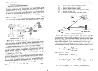 l'2tt ( itttlt':,t Srttt,lil
6.I PRINSIP KERJA SISTEM SLR
Sistem SLR berbasiskan pada pengukuran jarak dengan meng_
gunakan pulsa laser yang ditembakkan dari suatu stas=iun Bumi
ke satelit yang dilengkapi dengan sejumlah retro-reflektor. pulsa
ini selanjutnya dipantulkan balik ke stasiun yang bersangkut3n,
seperti yang diilustrasikan pada Gambar 6.r. Dalam hal ini jarak
ke satelit (d) dapat, ditentukan dengan persamaan berikut:
dimana At adalah waktu tempuh raser dari stasiun Bumi ke satelit
dan kembali lagi ke stasiun Bumi, dan c adalah kecepatan cahaya.
I J", At"* 1 r
| "pZii,:6,1*;
| .----- l;;l-li"t;;;w;;ilrl
- -l Ldtcr
| ,"^"*n!
Penerima
(Teleskop)
6.1 Prinsip dan skema kerja sistem SLR [Seeber, 1993]
/@,/. / Satelit
,/ y dengan
. / reflektor
Pengukuran jarak ke satelit di'lakukan pada saat_saat satelitmelintas di atas stasiun pengamat. Dengan menggunakan data-data pengukuran jarak ini serta informali orbit Jit.iil maka se_
lanjutnya koordinat dari stasiun di Bumi dapat ditentukan.
Pemancar laser modern umumnya menggunakan laser Nd:yAG
(neodgmium gttrium garnet), yang alpat membangkitkan sinar la_
ser hijau dengan panjang getomLang 532 nm d";g;;;lsa yang
sangat pendek selebar 30 _ 200 ps serta frekuensi 5 _ lO Hz
[Montenbruck & Giil, 2OOO].
-.-
Geometri pengamatan SLR serta persamaan matematis yang ter_
libat tidaklah sesedel!1"" ilustras-i yang diberikan pada Gambar
6.1 serta persamaan (6.1). Secara leUih rinci geom"trif"rrg"*at".,
SLR ini ditunjukkan pada Gambar6.2 berikut. Merrgacu p"i" c^*-bar ini, maka persamaan pengamatan jarak (d) pada SLR dapatdiformulasikan sebagai berikui(Aard.oom et at., tOgZl:
At
ad.
Ad
Ad,
ad.
n
.Srslcrrr .SL/l rltur l,l.l" l'.t'i
data ukuran waktu tempuh pulsa laser,
koreksi eksentrisitas di tanah,
koreksi eksentrisitas di satelit,
delay sinyal di sistem tanah (ground sysfem),
koreksi refraksi, dan
kesalahan random dan bias yang tersisa.
(6.3)
'3-r/K
d=c.Lt/2
d = c.Lt/2 + Ado + Ad" + Adb + Ad. + r.;
dimana:
ir_
tJ-a D-D"tr-]
I
xomputerl
Gambar
(6.1)
Untuk SLR, refraksi yang disebabkan oleh lapisan troposfer
umumnya dikoreksikan dengan menggunakan formulasi dari Marini
& Murray yang juga direkomendasikan dalam Standar IERS
lMcCarthg,1989]. Sedangkan efek dari refraksi ionosfer pada prin-
sipnya dapat diabaikan untuk frekuensi optik dari sinar laser.
Koreksi refraksi untuk jarak ukuran dengan model Marini &
Murray tersebut dihitung dengan formulasi berikut lSeeber, 1993]:
A+B
' r1q,H; sinE +
",11,
;l|f
Pada persamaan di atas:
A = O,002357 Po + 0,000141 eo
B = 1,084. 1o-8.Po.To.K + 4,734.1O'8
Ad
tTo
t
Perlfeteksi Sinyal,
Elektronik Receiver Ref. Seeber(1993)
Gambar 6.2 Geometri pengamatan SLR
(6.2)
K = 1,163 - 0,00968.cos 2rp - 0,00104.T0 + O,0OOO1435.Po
(6.41
 