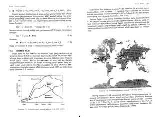 f(t) = (-{/c).8.s'(t)
dimana:
B . S'(t) = -ro.(b,.cos 5,.sin h" - b".cos 6,.cos h. )
Pada persamaan di atas ro adalah kecepatan rotasi Bumi.
l rlu (ir,orlr'st Srtlr:/tl
c.( A$ + N")/2n.{ = b*.cos 6".cos h. * br."o" 6".sin h" + b,.sin 6" '(7'6)
Seperti sudah disebutkan di atas, selain group delay dan phase
delay, data pengamatan lainnya dari VLBI adalah delay rate atau
fringe frequencA. Delay rate (f(t)) ini bisa dihitung dari group delay
(At) maupun phase delay (A$), seperti yang ditunjukkan oleh persa-
maan berikut:
f(t) = f.. d(At)/dt = [d(A$)/dtl I 2n 17.71
Secara umum untuk delag rate, persamaan (7.1) dapat dituliskan
sebagai:
.Sr.sl3rrr V/./l/ l,ltl
Distribusi dari stasiun-stasiun VLBI tersebut d'i seluruh duniit
ditunjukkan pad'a C"*t"t 7'3 berikut' Dari Gambar ini terlihat
bahwa umumnya
"tl"l"rr*t"siun
VLBI berlokasi di USA dan Eropa'
ai""*pi"g 3uga Jepang, Australia' dan Cina'
Secara fisik, yang p'fittg menonjol terlihat pada suatu stasiun
VLBI adalah ukurariantenanya yang relatif besar' Antena yang re-
latif besar ini diperlukan untuk dapat mendeteksi sinyal yang da-
tang dari kuasar v#s;;J"ya situ laurr
dari Bumi' Gambar 7 '4
menunjukkan contoli beberapa stasiun VLBI yang saat ini berope-
rasi.
(7.8)
(7.e)
7.2 SISTEM VLBI
Pada saat ini ada sekitar 4O stasiun VLBI yang beroperasi di
seluruh dunia. Sekitar 5 stasiun dioperasikan oleh NASA dan sele-
bihnya diopere'-sikan oleh organisasi lainnya, bekeda sama dengan
NASA [/yS, 2000]. Perlu ditekankan di sini bahwa dalam
pengembangan sistem VLBI, NASA memang punya peran yang sa-
ngat besar sejak sistem ini dikembangkan di awal 1970-an. Per-
kembangan jumlah stasiun VLBI di dunia sejak 197o-an diberikan
pada Gambar 7 .2 berikut:
1980 1985 Tahun 1990 1995
40
)q30
6
a
Szo
10
Gambar 7.3 Distribusi stasiun-stasiun VLBI [fys' 20001
Gambar 7.2 Perkembangan.jumlah stasiull VLBI UyS, 20OOl
setiap stasiun VLBI umumnya dilengkapi dengan penerima (re-
ceiuer),jam (osilat.;i;;, seria perekam data (recorder)' Karena
sinyal dari quasar;;;;;" "u'ttglt
lemah' yaitu sekitar 1 Jansky
(1 Jy = 19'u V/*';;if,-#"rt" yllt"1 mendeteksinya diperlukan
teleskop (antena) .u.alo'att'gan diameter yang besar' biasanya da-
Iam orde beberapa puluh tt'"t"t [Lambeck' 1988]'
 