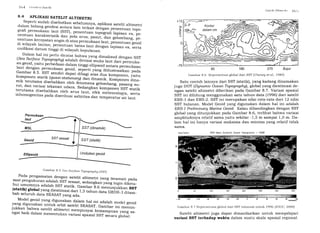 l(),,| (;r1)./(,sr,ilI(,1t1
4.4 APLIKASI SATELIT ALTIMETRI
seperti sudah disebutkan seberumnya, aplikasi satelit artimetridalam bidang geodesi antara lain telkait dengan penentuan topo-grafi permukaan laut (SST), p".r..tr"r, topografi lapisan es, pe_nentuan karakteristik
9T.po1" u..r", pasut, dan gelombang, pe_nentuan kecepatan angin aiLtas p".*rf.u"r, laut, penentuan geoiddi wilayah lautan, penentuan batas laut dengan lapisan es, sertaunifikasi datum tinggi di wilayah k.pulauar.
Dalam hal ini perlu dicatat bahwa vang dimaksud dengan SST( s e a Su rfa c e rop o s r a p hs) ad at ah d ; ri J ;;;',:;:*J,t rm u k a _
an geoid, yaitu perbedaan dalam tinggi ellipsoid
"rt.;;;;ukaanlaut dengan permukaan geoid,
""p??i
yang iliilu"t*I*r, p.a"Gambar 8.5. SST sendiri a.pui dtdiatas dua komponen, yaitukomponen statik (qtasi-statiz""rg) Ji., ai.r"-ik. Komponen dina-mik terutama disebabkan oleh f#o_"rr" gelombang, pasang su_rut' dan variasi tekanan udara. Sedangkan komponen sST statikterutama disebabkan oleh arus laut, efek meieoroifiI",
""rt"inhomogenitas pada distribusi
""ri"it"" dan temperatur air laut.
Gambar 8.5 Sea Surface Topographg (SST)
Pada pengamatan dengan satelit altimetri yang teramati padasaat pengukuran adalah^sST sesaat, sedangkair i&; -J; diketa-hui umumnya adalah SST statik.?"..rU., g.6 menunjukkan SST(statikf globar vansld.igltlmasi oari Li tahun data GEos-3 ditam-bah seluruh data SEASAT Vu"g
"au.
'-
Model geoid yang digunakan daram hal ini adalah model geoidyang digunakan untuk orbit satelit snasar. Gambar ini menun-jukkan bahwa satelit altimetri ;;;;;"y"i kemampuan yang sa_ngat baik dalam menentukan rrariasi spasiat SST
"J;;
jobat.
iltlt'ltl Alltrrrt'lrr I (rlr
+75
90 180 27O Bujur
Gambar 8.6 Representasi global dari SST lCheneg et al., 19841
Satu contoh lainnya dari SST (statik), yang kadang dinamakan
juga DOT (Dynamic Oceqn Topographg), global yang diestimasi de-
ngan satelit altimetri diberikan pada Gambar 8.7. Variasi spasial
SST ini dihitung menggunakan satu tahun data (1996) dari satelit
ERS-1 dan ERS-2. SST ini merupakan nilai rata-rata dari 12 nilai
SST bulanan. Model Geoid yang digunakan dalam hal ini adalah
ERS-I Preliminary Maine Geoid. Kalau dibandingkan dengan SST
global yang ditunjukkan pada Gambar 8.6, terlihat bahwa variasi
amplitudonya relatif sama yaitu sekitar -1,5 m sampai 1,0 m. Da-
lam hal ini hanya variasi maksima dan minima yang relatif tidak
sama.
eso/esoc ERS Meon Dynomic Oceon Topoqrophy - 1996
o 50 r 00 I 50 200 250 300 350
-ro -1b -1@ -Eo -& -40 -2O O 20 € @
'0
".ro."rf;0
Cizrmbar B 7 Representasi global dari SST tahunan untuk 1996 [ESOC, 2000]
Satelit altimetri juga dapat dimanfaatkan untuk mempelajari
variasi SST terhadap waktu dalam suatu skala spasial regional.
5
(U
.s
J
Permukaan
 