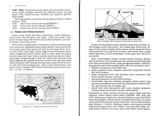 (t Geoclesi SateLit.
. 1993 - 2OOO : Pemanfaatan yang meluas dan intensif dari sistem-
sistem satelit navigasi, altimetri, dan inderaj a (remote sensing)
seperti GPS, Topex/Poseidon, IKONOS, dan Sgnthetic Aperfire
Radar (SAR).
Beberapa kejadian yang patut dicatat dalam periode ini adalah
lKramer,1996l:
1995 : peluncuran satelit inderaja RADARSAT-1,
1996 : peluncuran satelit inderaja ADEOS- 1,
L999 : peluncuran satelit inderaja teliti IKONOS.
L.4 PERAN DAN FUNGSI SATELIT
Seperti yang sudah dijelaskan sebelumnya, dalam bidang ge-
odesi satelit, ada dua peran dan fungsi utama dari satelit, yaitu
satelit sebagai target, titik kontrol, atau ruahqna pengukur, dan sate-
lit sebagai sensor atau probe.
Peran satelit sebagai target, titik kontrol, ataupun wahana peng-
ukur umumnya digunakan pada metode geodesi satelit geometrik,
yaitu dalam penentuan posisi titik-titik di permukaan Bumi. Kare-
na orbit satelit yang relatif cukup tinggi di atas permukaan Bumi,
maka penggunaan satelit dalam moda ini akan dapat mencakup
daerah yang relatif luas. Dalam konteks penentuan posisi, disam-
ping dapat menghubungkan titik-titik yang relatif berjarak jauh
(skala regional dan global), penentuan posisi antar titik juga relatif
tidak terhambat oleh bentang-bentang alarn yang terletak di anta-
ra titik-titik yang bersangkutan, seperti yang diilustrasikan oleh
sistem satelit navigasi GPS (Global Positioning Systeml pada Gam-
bar 1 .2. dan 1.3 berikut.
Gambar 1.2 Cakupan satelit yang relatif luas
Pettrlultttltttttt
Gambar 1.3 Penentuan posisi dengan satelit yang relatif
tidak terhambat oleh bentang-bentang alam di antara titik.
Dalam konteks geodesi satelit dinamik yang memanfaatkan sa-
telit sebagai sensor atau prober dari medan gaya berat bumi, de-
ngan mudah dapat disadari bahwa karena satelit mengorbit Bumi
secara kontinyu dan juga Bumi berotasi, maka satelit akan sangat
efektif digunakan untuk mempelajari medan gaya berat Bumi se-
cara global.
Kalau dibandingkan dengan metode-metode terestris, dimana
sistem peralatan untuk pengukuran atau akuisasi data berada pada
atau dekat permukaan Bumi, maka penggunaan satelit dalam bi-
dang geodesi relatif lebih atraktif dilihat dari hal-hal berikut yaitu :
. wilayah cakupannya relatif lebih luas,
. dapat mengamati dan mengukur parameter yang lebih banyak
dan lebih beragam,
. dapat mengamati lebih baik dinamika suatu fenomena, baik
secara spasial maupun temporal,
. operasionalisasinya bersifat lebih kontinyu,
. memberikan nilai dan ketelitian parameter dalam sistem yang
umumnya terdefinisi secara baik dan jelas (sistem koordinat glo-
bal, tiga-dimensi, dan homogen), dan
. relatif lebih tidak dipengaruhi oleh cuaca, kondisi topografis,
ataupun batas-batas politis maupun administratif.
Disamping itu dalam konteks penentuan posisi relatif antartitik
misalnya, sistem-sistem satelit seperti TRANSIT, GPS, SLR, dan
VLBI, mempunyai tingkat dan rentang ketelitian yang relatif lebih
baik dibandingkan metode-metode nonsatelit (terestris), terutama
untuk jarak beberapa km sampai ribuan km. Hal ini diilustrasikan
pada Gambar 1.4 berikut. Meskipun begitu untuk jarak antartitik
yang relatif sangat dekat, yaitu sekitar 1 km atau lebih dekat, me-
tode-metode terestris umumnya akan lebih efektif untuk diguna-
 