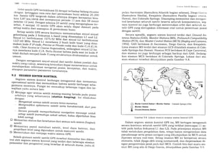 I FIO ( it'rttlt'::r Strltlil
orbit saterit Gps berinklinasi 55 derajat terhadap bidang ekuatorclengan ketinggian rata-rata dari plrmukaan bumi sekitar 20.2ookm' Saterit GpS bergerak aahm o?bitnya dengan kecepatan kira-kira 3'87 km/detik a"n -"-p""v"r periode 11 jam dan 58 menit(sekitar 12 jam)'.
!1nsan "a"iyi ii satelit vang mengangkasa ter-sebut' 4 sampai 10 satelit cps
"r.", seraru dapat -iamati padasetiap waktu dari manapun di permukaan bumi.
Setiap satelit Gps secara kontinyu memancarkan sinyar-sinyalgelombang pada.2 frekuensi L-b;;d yang dinamakan Ll and L2.sinyal L1 berfrekuensi tszs,+i iuz
^an
sinyal L2 berfrekuensi1227,60 MHz. Sinyal L1 memb u*,u 2 buah koie Uir". V.rS ai.._makan kode_p (p_cod.e, precise or iiuate"ra.j-J"" f.rI"_"ZO (C/A-code, ClearAccess or^C.oarse Acquisation), sedangkan sinyal L2 ha_nya membawa kode-c/A. perru dicatat bahwa pada saat ini kode-ptelah diubah menjadi kode_yyang
"t.rf.trrrrya dirahasiakan untukumum.
Dengan mengamati sinyal-sinyal dari saterit dalam jumrah danwaktu yang cukup' seseorang kemudian dapat -"-.o".".rya untukmendapatkan informasi meigenai fosisi, kecepatan, dan waktu,ataupun parameter_parameter turunannva.
9.2 SEGMEN SISTEM KONTROL
Segmen sistem kontror berfungsi mengontror dan memantauoperasional saterit dan memastikair bahwa'saterit u".irrgsi seba_gaimana mestinya. Fungsi i"i _""""r.up beberaf, ;;;" dan ke-wajiban yaitu antara lain:
fl Menjaga agar semua saterit rnasing-masing berada pada posisiorbitnya yang seharusnya lstaiion keeping). ini dilakukandengan;
- Mengamati semua scttelit secara terus_menerus.
y:tlr*diksi ephemeris satetit serta kctrakteistik d.ai jam
- secara peiod-ik memperbaharui nauigation mess..ge untuksetiap saterit (normativa sekati
".,nii,'ioiou'ffiI)run u*lebih sering).
" $:li:,au
status dan kesehatan dari semua sub_sistem (bagian)
E Memantau panel matahari satelit, level daya baterai, danpropellant level yang digunakan untuk manuver satelit.El Menentukan dan menjaga waktu sistem GpS.
Kelaik-gunaan saterit-saterit GpS tersebut dimonitor dan dikon-trol oleh segmen sistem kontrol v""g i.rairi dari beberapa stasiunpemonitor dan pengontrol yang i..".-U". di seluruh arrrll]vrit, ai
.Sr:;lr,ll| Srtlr,/ll Nttttttlrt,,r I ti I
pulau Ascension (Samudera Atlantik bagian selatan), Diego (iirrt'i:r
(Samudera Hindia), Kwajalein (Samudera Pasifik bagian r,rtar':r),
Hawaii, dan Colorado Springs. Disamping memonitor dan mengon-
trol kesehatan seluruh satelit beserta seluruh komponennya, seg-
men kontrol ini juga berfungsi menentukan orbit dari seluruh sa-
telit GPS yang merupakan informasi vital untuk penentuan posisi
dengan satelit.
Secara spesifik, segmen sistem kontrol terdiri dari Ground An-
tenna Sfatlons ( GAS), Monito r Stations (M S ), Prelaunch Comp atibilitg
Station (PCS), dan Master Control Station (MCS) lBagley and Lamons,
19921. GAS berlokasi di Ascension, Diego Garcia, dan Kwajalein.
Lima stasiun MS terdiri dari stasiun GCS ditambah stasiun di Colo-
rado Springs dan Hawaii. Stasiun PCS berlokasi di Cape Caneveral,
dan stasiun ini juga berfungsi sebagai backup dari GAS. Sedang-
kan stasiun MCS berlokasi di Colorado Springs. Lokasi dari sta-
siun-stasiun tersebut ditunjukkan pada Gambar 9.8.
tr
o
&
Master Control Station+ Monitor Station
Monitor Station
Ground Antenna Station
Colorado Spnhgs (USA)
Gambar 9.8 Lokasi stasiun-stasiun sistem kontrol GPS
Dalam segmen sistem kontrol GPS ini, MS bertugas mengamati
secara kontinyu seluruh satelit GPS yang terlihat (mencapai 11 sa-
telit pada kedua frekuensi L1 dan L2). Pada prinsipnya stasiun MS
tidak melakukan pengolahan data, tetapi hanya mengirimkan data
pseudorange serta pesan navigasi yang dikumpulkan ke MCS untuk
diproses secara real-time. Setiap stasiun MS ini beroperasi secara
otomatis, tidak dijaga oleh orang (unmanned), dan dioperasikan de-
ngan pengontrolan jarakjauh dari MCS. Contoh foto dari suatu sta-
siun MS yang ada di Diego Garcia, ditunjukkan pada Gambar 9.9.
 