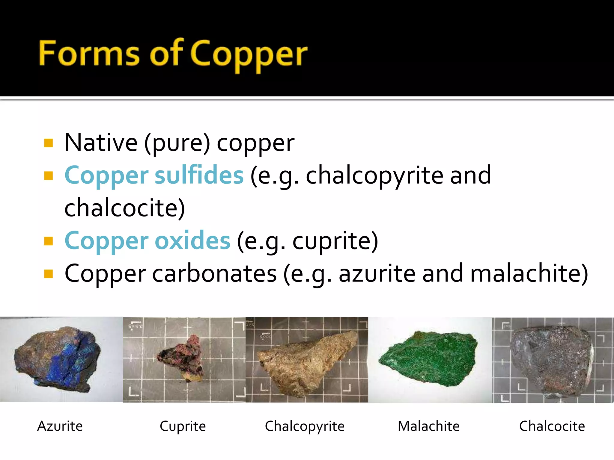  Native (pure) copper
 Copper sulfides (e.g. chalcopyrite and
chalcocite)
 Copper oxides (e.g. cuprite)
 Copper carbonates (e.g. azurite and malachite)
Azurite Cuprite Chalcopyrite Malachite Chalcocite
 