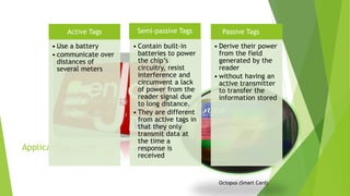 Applications
Credit Cards with RFID
(Paywave function)
Octopus (Smart Card)
Active Tags
• Use a battery
• communicate over
distances of
several meters
Semi-passive Tags
• Contain built-in
batteries to power
the chip’s
circuitry, resist
interference and
circumvent a lack
of power from the
reader signal due
to long distance.
• They are different
from active tags in
that they only
transmit data at
the time a
response is
received
Passive Tags
• Derive their power
from the field
generated by the
reader
• without having an
active transmitter
to transfer the
information stored
 