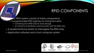 RFID COMPONENTS
• A basic RFID system consists of these components:
• A programmable RFID tag/inlay for storing item data;
• Consisting of an RFID chip for data storage
• an antenna to facilitate communication with the RFID chip
• A reader/antenna system to interrogate the RFID inlay
• Application software and a host computer system
Thursday, October 15, 2015RFID & its Applications
4
 