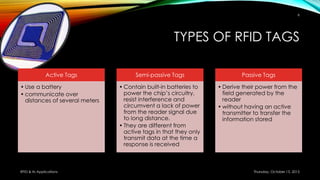 TYPES OF RFID TAGS
Active Tags
• Use a battery
• communicate over
distances of several meters
Semi-passive Tags
• Contain built-in batteries to
power the chip’s circuitry,
resist interference and
circumvent a lack of power
from the reader signal due
to long distance.
• They are different from
active tags in that they only
transmit data at the time a
response is received
Passive Tags
• Derive their power from the
field generated by the
reader
• without having an active
transmitter to transfer the
information stored
Thursday, October 15, 2015RFID & its Applications
6
 
