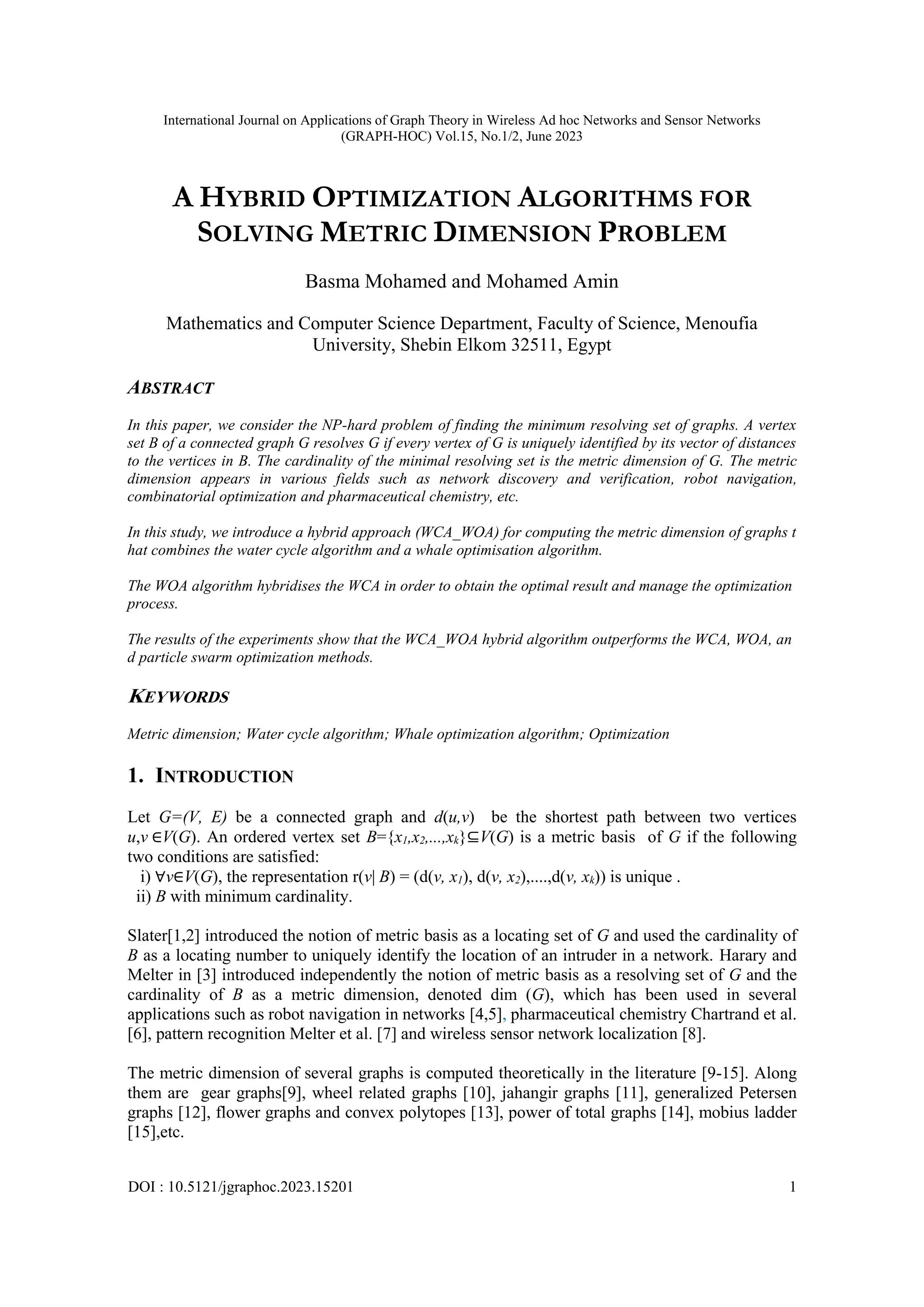 A Hybrid Optimization Algorithms for Solving Metric Dimension Problem | PDF