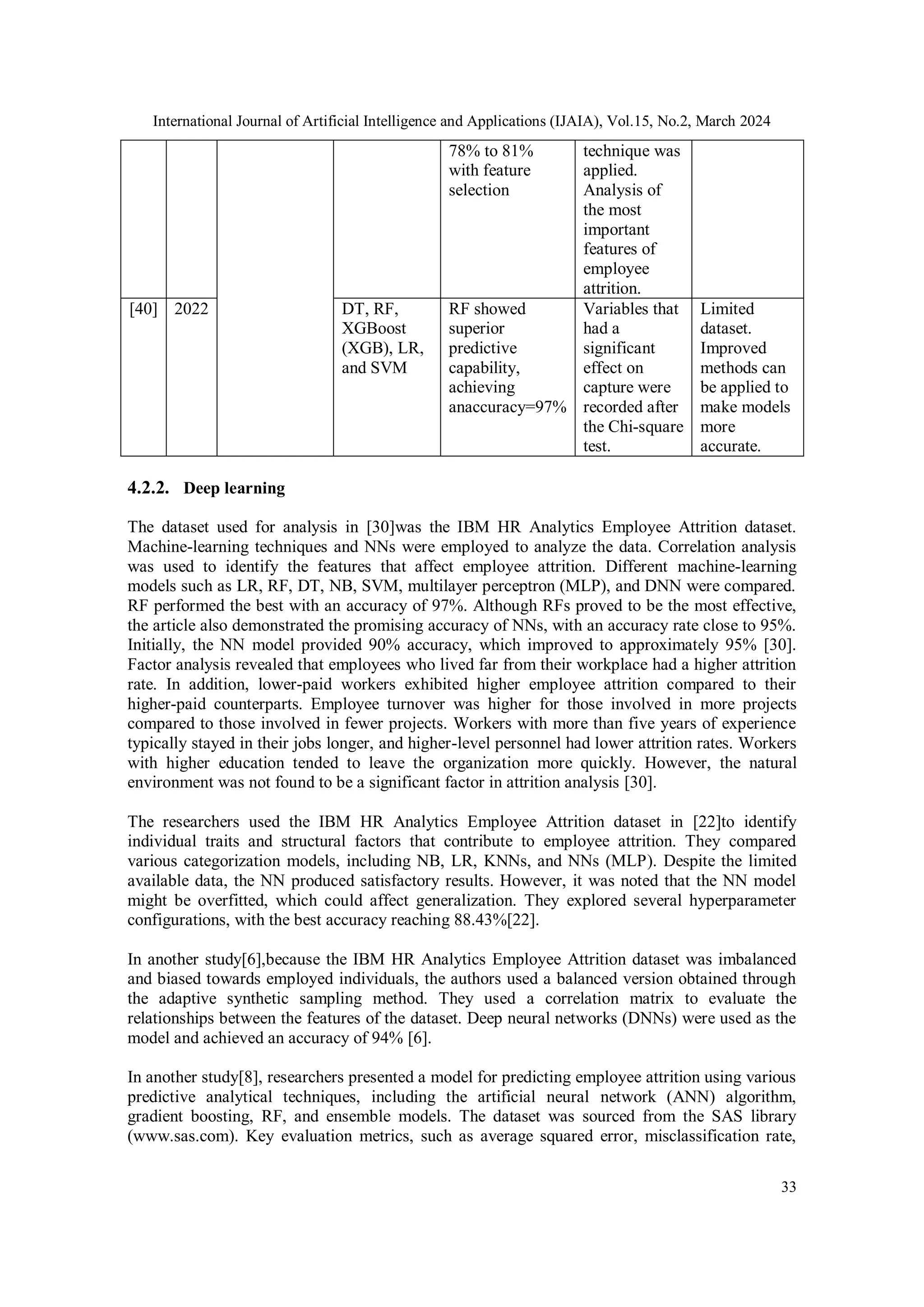 International Journal of Artificial Intelligence and Applications (IJAIA), Vol.15, No.2, March 2024
33
78% to 81%
with feature
selection
technique was
applied.
Analysis of
the most
important
features of
employee
attrition.
[40] 2022 DT, RF,
XGBoost
(XGB), LR,
and SVM
RF showed
superior
predictive
capability,
achieving
anaccuracy=97%
Variables that
had a
significant
effect on
capture were
recorded after
the Chi-square
test.
Limited
dataset.
Improved
methods can
be applied to
make models
more
accurate.
4.2.2. Deep learning
The dataset used for analysis in [30]was the IBM HR Analytics Employee Attrition dataset.
Machine-learning techniques and NNs were employed to analyze the data. Correlation analysis
was used to identify the features that affect employee attrition. Different machine-learning
models such as LR, RF, DT, NB, SVM, multilayer perceptron (MLP), and DNN were compared.
RF performed the best with an accuracy of 97%. Although RFs proved to be the most effective,
the article also demonstrated the promising accuracy of NNs, with an accuracy rate close to 95%.
Initially, the NN model provided 90% accuracy, which improved to approximately 95% [30].
Factor analysis revealed that employees who lived far from their workplace had a higher attrition
rate. In addition, lower-paid workers exhibited higher employee attrition compared to their
higher-paid counterparts. Employee turnover was higher for those involved in more projects
compared to those involved in fewer projects. Workers with more than five years of experience
typically stayed in their jobs longer, and higher-level personnel had lower attrition rates. Workers
with higher education tended to leave the organization more quickly. However, the natural
environment was not found to be a significant factor in attrition analysis [30].
The researchers used the IBM HR Analytics Employee Attrition dataset in [22]to identify
individual traits and structural factors that contribute to employee attrition. They compared
various categorization models, including NB, LR, KNNs, and NNs (MLP). Despite the limited
available data, the NN produced satisfactory results. However, it was noted that the NN model
might be overfitted, which could affect generalization. They explored several hyperparameter
configurations, with the best accuracy reaching 88.43%[22].
In another study[6],because the IBM HR Analytics Employee Attrition dataset was imbalanced
and biased towards employed individuals, the authors used a balanced version obtained through
the adaptive synthetic sampling method. They used a correlation matrix to evaluate the
relationships between the features of the dataset. Deep neural networks (DNNs) were used as the
model and achieved an accuracy of 94% [6].
In another study[8], researchers presented a model for predicting employee attrition using various
predictive analytical techniques, including the artificial neural network (ANN) algorithm,
gradient boosting, RF, and ensemble models. The dataset was sourced from the SAS library
(www.sas.com). Key evaluation metrics, such as average squared error, misclassification rate,
 