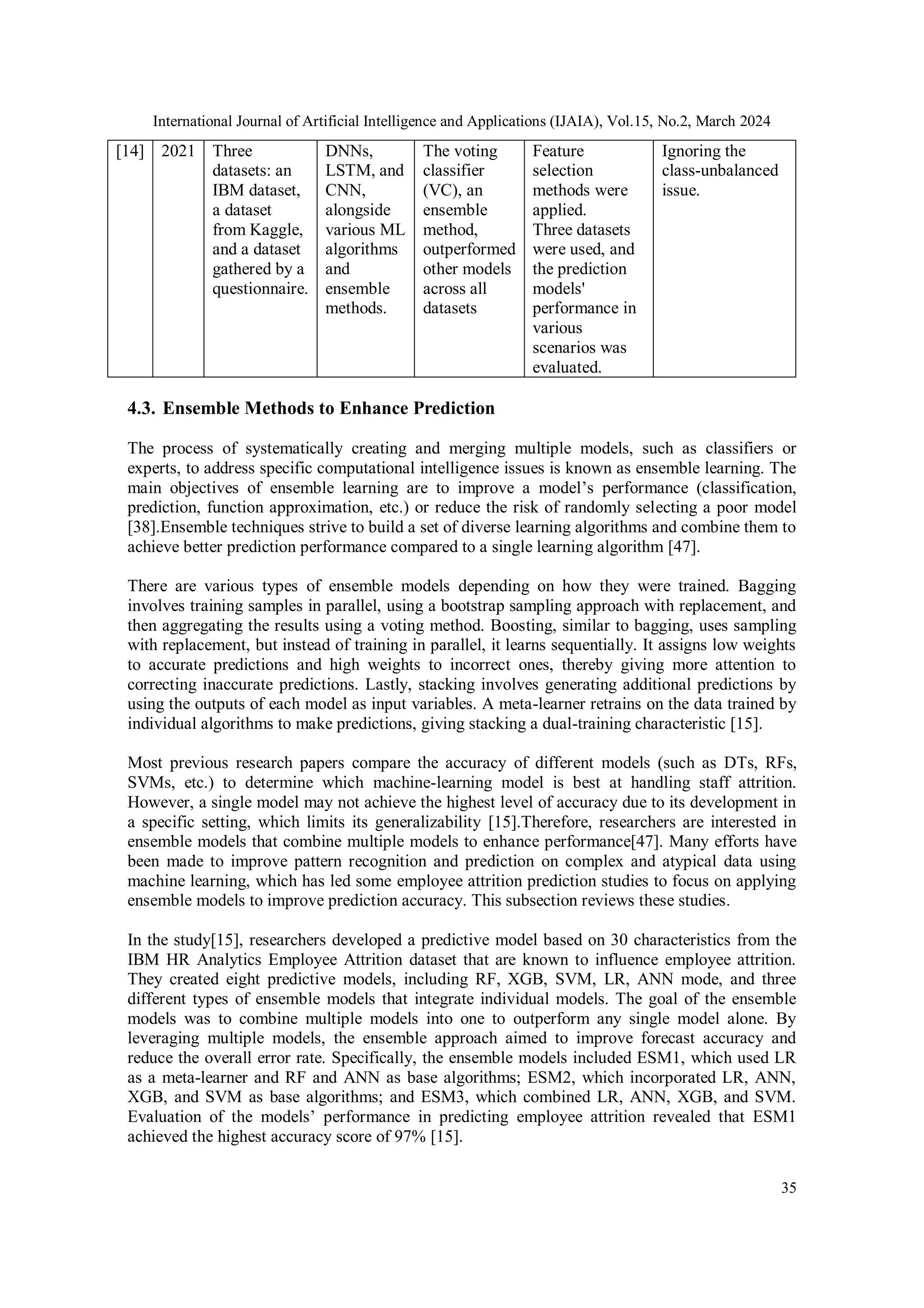 International Journal of Artificial Intelligence and Applications (IJAIA), Vol.15, No.2, March 2024
35
[14] 2021 Three
datasets: an
IBM dataset,
a dataset
from Kaggle,
and a dataset
gathered by a
questionnaire.
DNNs,
LSTM, and
CNN,
alongside
various ML
algorithms
and
ensemble
methods.
The voting
classifier
(VC), an
ensemble
method,
outperformed
other models
across all
datasets
Feature
selection
methods were
applied.
Three datasets
were used, and
the prediction
models'
performance in
various
scenarios was
evaluated.
Ignoring the
class-unbalanced
issue.
4.3. Ensemble Methods to Enhance Prediction
The process of systematically creating and merging multiple models, such as classifiers or
experts, to address specific computational intelligence issues is known as ensemble learning. The
main objectives of ensemble learning are to improve a model’s performance (classification,
prediction, function approximation, etc.) or reduce the risk of randomly selecting a poor model
[38].Ensemble techniques strive to build a set of diverse learning algorithms and combine them to
achieve better prediction performance compared to a single learning algorithm [47].
There are various types of ensemble models depending on how they were trained. Bagging
involves training samples in parallel, using a bootstrap sampling approach with replacement, and
then aggregating the results using a voting method. Boosting, similar to bagging, uses sampling
with replacement, but instead of training in parallel, it learns sequentially. It assigns low weights
to accurate predictions and high weights to incorrect ones, thereby giving more attention to
correcting inaccurate predictions. Lastly, stacking involves generating additional predictions by
using the outputs of each model as input variables. A meta-learner retrains on the data trained by
individual algorithms to make predictions, giving stacking a dual-training characteristic [15].
Most previous research papers compare the accuracy of different models (such as DTs, RFs,
SVMs, etc.) to determine which machine-learning model is best at handling staff attrition.
However, a single model may not achieve the highest level of accuracy due to its development in
a specific setting, which limits its generalizability [15].Therefore, researchers are interested in
ensemble models that combine multiple models to enhance performance[47]. Many efforts have
been made to improve pattern recognition and prediction on complex and atypical data using
machine learning, which has led some employee attrition prediction studies to focus on applying
ensemble models to improve prediction accuracy. This subsection reviews these studies.
In the study[15], researchers developed a predictive model based on 30 characteristics from the
IBM HR Analytics Employee Attrition dataset that are known to influence employee attrition.
They created eight predictive models, including RF, XGB, SVM, LR, ANN mode, and three
different types of ensemble models that integrate individual models. The goal of the ensemble
models was to combine multiple models into one to outperform any single model alone. By
leveraging multiple models, the ensemble approach aimed to improve forecast accuracy and
reduce the overall error rate. Specifically, the ensemble models included ESM1, which used LR
as a meta-learner and RF and ANN as base algorithms; ESM2, which incorporated LR, ANN,
XGB, and SVM as base algorithms; and ESM3, which combined LR, ANN, XGB, and SVM.
Evaluation of the models’ performance in predicting employee attrition revealed that ESM1
achieved the highest accuracy score of 97% [15].
 
