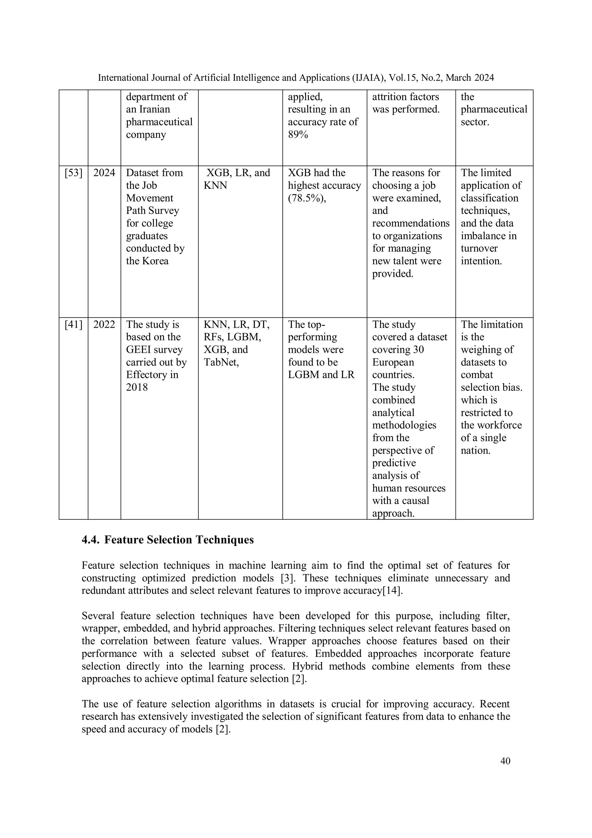International Journal of Artificial Intelligence and Applications (IJAIA), Vol.15, No.2, March 2024
40
department of
an Iranian
pharmaceutical
company
applied,
resulting in an
accuracy rate of
89%
attrition factors
was performed.
the
pharmaceutical
sector.
[53] 2024 Dataset from
the Job
Movement
Path Survey
for college
graduates
conducted by
the Korea
XGB, LR, and
KNN
XGB had the
highest accuracy
(78.5%),
The reasons for
choosing a job
were examined,
and
recommendations
to organizations
for managing
new talent were
provided.
The limited
application of
classification
techniques,
and the data
imbalance in
turnover
intention.
[41] 2022 The study is
based on the
GEEI survey
carried out by
Effectory in
2018
KNN, LR, DT,
RFs, LGBM,
XGB, and
TabNet,
The top-
performing
models were
found to be
LGBM and LR
The study
covered a dataset
covering 30
European
countries.
The study
combined
analytical
methodologies
from the
perspective of
predictive
analysis of
human resources
with a causal
approach.
The limitation
is the
weighing of
datasets to
combat
selection bias.
which is
restricted to
the workforce
of a single
nation.
4.4. Feature Selection Techniques
Feature selection techniques in machine learning aim to find the optimal set of features for
constructing optimized prediction models [3]. These techniques eliminate unnecessary and
redundant attributes and select relevant features to improve accuracy[14].
Several feature selection techniques have been developed for this purpose, including filter,
wrapper, embedded, and hybrid approaches. Filtering techniques select relevant features based on
the correlation between feature values. Wrapper approaches choose features based on their
performance with a selected subset of features. Embedded approaches incorporate feature
selection directly into the learning process. Hybrid methods combine elements from these
approaches to achieve optimal feature selection [2].
The use of feature selection algorithms in datasets is crucial for improving accuracy. Recent
research has extensively investigated the selection of significant features from data to enhance the
speed and accuracy of models [2].
 