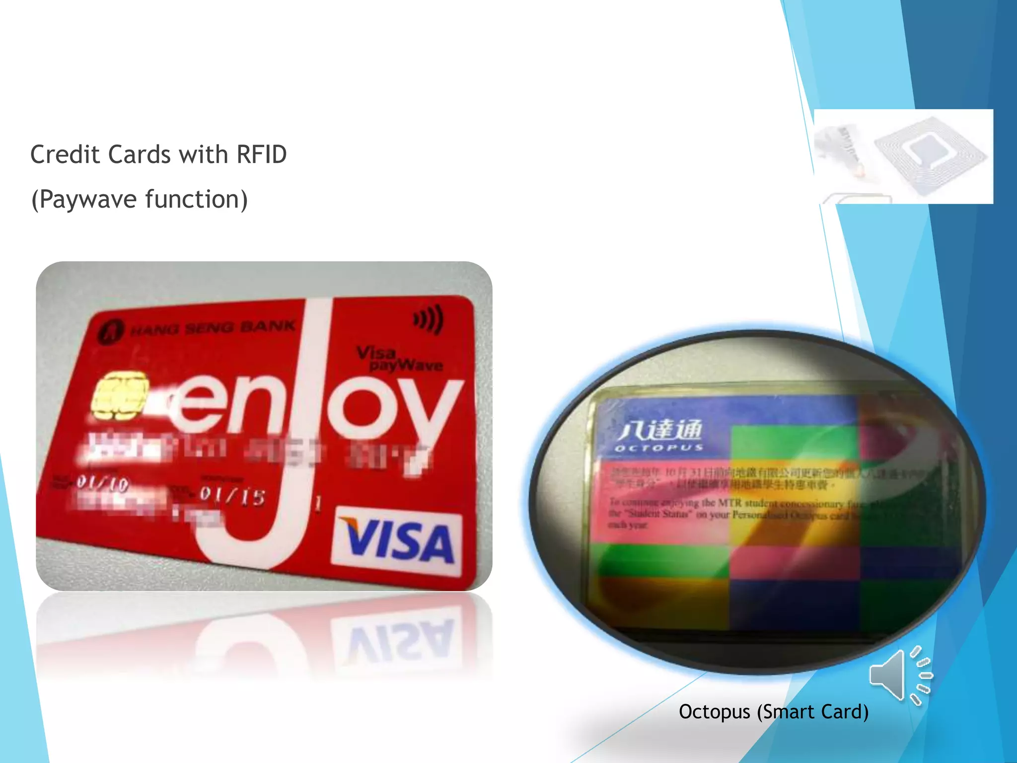 Applications
Credit Cards with RFID
(Paywave function)
Octopus (Smart Card)
 