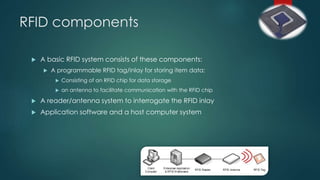 RFID components
 A basic RFID system consists of these components:
 A programmable RFID tag/inlay for storing item data;
 Consisting of an RFID chip for data storage
 an antenna to facilitate communication with the RFID chip
 A reader/antenna system to interrogate the RFID inlay
 Application software and a host computer system
 