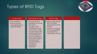 Types of RFID Tags
Active Tags
•Use a battery
•communicate
over distances of
several meters
Semi-passive Tags
•Contain built-in
batteries to power
the chip’s
circuitry, resist
interference and
circumvent a lack
of power from the
reader signal due
to long distance.
•They are different
from active tags in
that they only
transmit data at
the time a
response is
received
Passive Tags
•Derive their power
from the field
generated by the
reader
•without having an
active transmitter
to transfer the
information stored
 