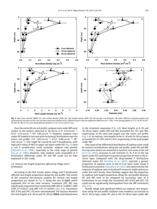 Over the entire 60-cm soil proﬁle, soybean roots under MP were
similar to the pattern observed at 10–20 cm (1 P: 1.14 cm cmÀ3
;
0.5 P: 1.72 cm cmÀ3
; 0 P: 1.82 cm cmÀ3
). However, soybean roots
under NT tended to increase with increasing P fertilization over the
entire soil proﬁle (1 P: 2.05 cm cmÀ3
; 0.5 P: 2.00 cm cmÀ3
; 0P:
1.81 cm cmÀ3
). This might be caused by soil P stratiﬁcation, with
high soil P status (P-M3) in upper soil layers under NT (Fig.1). Such
a soil P stratiﬁcation could stimulate soybean root growth
(Holanda et al., 1998), especially in the early stage of growth
(Zia et al., 1988). However, why soybean roots responded to P
fertilization differently under NT and MP could not be fully
explained in this study.
3.4. Vertical root length proportion affected by tillage and P
fertilization
According to the RLD results above, tillage and P fertilization
affected root length proportions along the soil proﬁle. The results
of the canonical discriminant analysis for vertical root length
proportions are shown in Fig. 6. Along the axis of Can1, which
explained 65% of the total variance, treatment [NT, 0P] was
signiﬁcantly separated from treatments [MP, 0P] (P = 0.0067), [MP,
0.5P] (P = 0.0227) and [MP, 1 P] (P = 0.0191) (Fig. 6.1). Treatments
[NT, 0.5P] and [NT, 1 P] were intermediated. The balance between
the root lengths at 0–10 cm and 10–20 cm (Vilr2) contributed most
to the treatment separation (Fig. 6.2). Root lengths at 0–10 and
10–20 cm layers under [NT and 0P] accounted for 52% and 18%,
respectively, of the total root length over the entire soil proﬁle
(Fig. 6.3). In contrast, root lengths in the 0–10 and 10–20 cm layers
accounted for 27–29% and 33–41%, respectively, of the total length
under MP.
One cause of the differential distribution of soybean roots could
be nutrient stratiﬁcations along the soil proﬁle under NT and MP.
As crop roots tend to accumulated in nutrient-rich zones in the soil
(Li et al., 2012), increases in soil nutrients (C, N, P, K) in the top
layers under NTcould lead to a greater proportion of roots in the 0–
10 cm layer. Compared with the deep-banded P fertilization
observed under NT, Farmaha et al. (2012) reported a greater
proportion of soybean roots in the 0–5 cm layer under broad P
fertilization treatment. Farmaha et al. (2012) also observed that the
response of soybean roots to localized P resources might only occur
under low soil P levels; these ﬁndings suggest that the disparities
in soybean root length proportions along the soil proﬁle between
NT and MP tend to be mitigated by increasing rates of P
fertilization. In our study, the treatments [NT, 0.5P] and [NT, 1 P]
could not be signiﬁcantly distinguished from the MP treatments
(Fig. 6.1).
Brieﬂy, tillage had signiﬁcant effects on soybean root propor-
tions along the soil proﬁle. Soybean roots tended to accumulate in
the 0–10 cm layer under NT, and in the 10–20 cm layer under MP.
Fig. 3. Root mass density (RMD) (1), root surface density (RSD) (2), root length density (RLD) (3) and average root diameter (4) under different sampling depths and
perpendicular distances to the corn row. Bars represent standard errors. Different letters indicate signiﬁcant differences (P  0.05; t-test) among depths (0–5, 5–10,10–20, 20–
30 and 30–40 cm) for each perpendicular distance (5-cm, 15-cm and 25-cm).
H. Li et al. / Soil  Tillage Research 165 (2017) 258–267 263
 