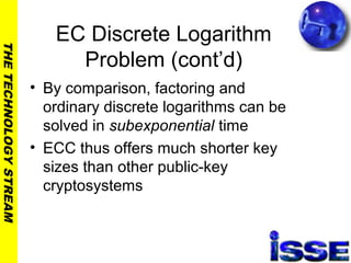 THETECHNOLOGYSTREAM
EC Discrete Logarithm
Problem (cont’d)
• By comparison, factoring and
ordinary discrete logarithms can be
solved in subexponential time
• ECC thus offers much shorter key
sizes than other public-key
cryptosystems
 