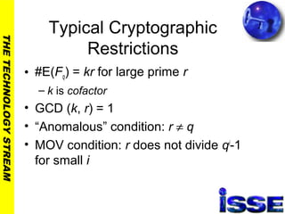 THETECHNOLOGYSTREAM
Typical Cryptographic
Restrictions
• #E(Fq) = kr for large prime r
– k is cofactor
• GCD (k, r) = 1
• “Anomalous” condition: r ≠ q
• MOV condition: r does not divide qi
-1
for small i
 