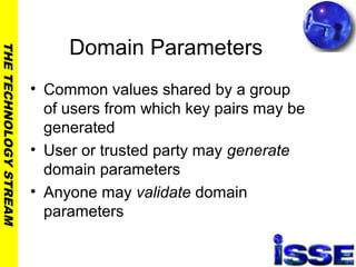 THETECHNOLOGYSTREAM
Domain Parameters
• Common values shared by a group
of users from which key pairs may be
generated
• User or trusted party may generate
domain parameters
• Anyone may validate domain
parameters
 