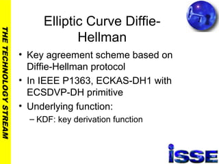 THETECHNOLOGYSTREAM
Elliptic Curve Diffie-
Hellman
• Key agreement scheme based on
Diffie-Hellman protocol
• In IEEE P1363, ECKAS-DH1 with
ECSDVP-DH primitive
• Underlying function:
– KDF: key derivation function
 