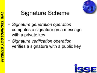 THETECHNOLOGYSTREAM
Signature Scheme
• Signature generation operation
computes a signature on a message
with a private key
• Signature verification operation
verifies a signature with a public key
 