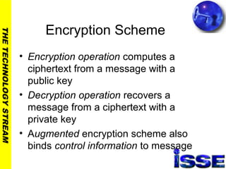 THETECHNOLOGYSTREAM
Encryption Scheme
• Encryption operation computes a
ciphertext from a message with a
public key
• Decryption operation recovers a
message from a ciphertext with a
private key
• Augmented encryption scheme also
binds control information to message
 