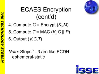 THETECHNOLOGYSTREAM
ECAES Encryption
(cont’d)
4. Compute C = Encrypt (K1,M)
5. Compute T = MAC (K2,C || P)
6. Output (V,C,T)
Note: Steps 1–3 are like ECDH
ephemeral-static
 