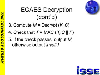 THETECHNOLOGYSTREAM
ECAES Decryption
(cont’d)
3. Compute M = Decrypt (K1,C)
4. Check that T = MAC (K2,C || P)
5. If the check passes, output M,
otherwise output invalid
 