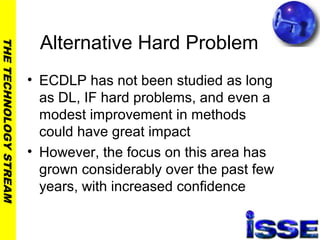 THETECHNOLOGYSTREAM
Alternative Hard Problem
• ECDLP has not been studied as long
as DL, IF hard problems, and even a
modest improvement in methods
could have great impact
• However, the focus on this area has
grown considerably over the past few
years, with increased confidence
 