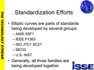 THETECHNOLOGYSTREAM
Standardization Efforts
• Elliptic curves are parts of standards
being developed by several groups:
– ANSI X9F1
– IEEE P1363
– ISO JTC1 SC27
– SECG
– U.S. NIST
• Generally, all three families are
being developed together
 