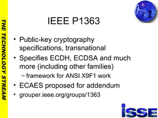 THETECHNOLOGYSTREAM
IEEE P1363
• Public-key cryptography
specifications, transnational
• Specifies ECDH, ECDSA and much
more (including other families)
– framework for ANSI X9F1 work
• ECAES proposed for addendum
• grouper.ieee.org/groups/1363
 