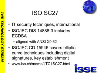 THETECHNOLOGYSTREAM
ISO SC27
• IT security techniques, international
• ISO/IEC DIS 14888-3 includes
ECDSA
– aligned with ANSI X9.62
• ISO/IEC CD 15946 covers elliptic
curve techniques including digital
signatures, key establishment
• www.iso.ch/meme/JTC1SC27.html
 