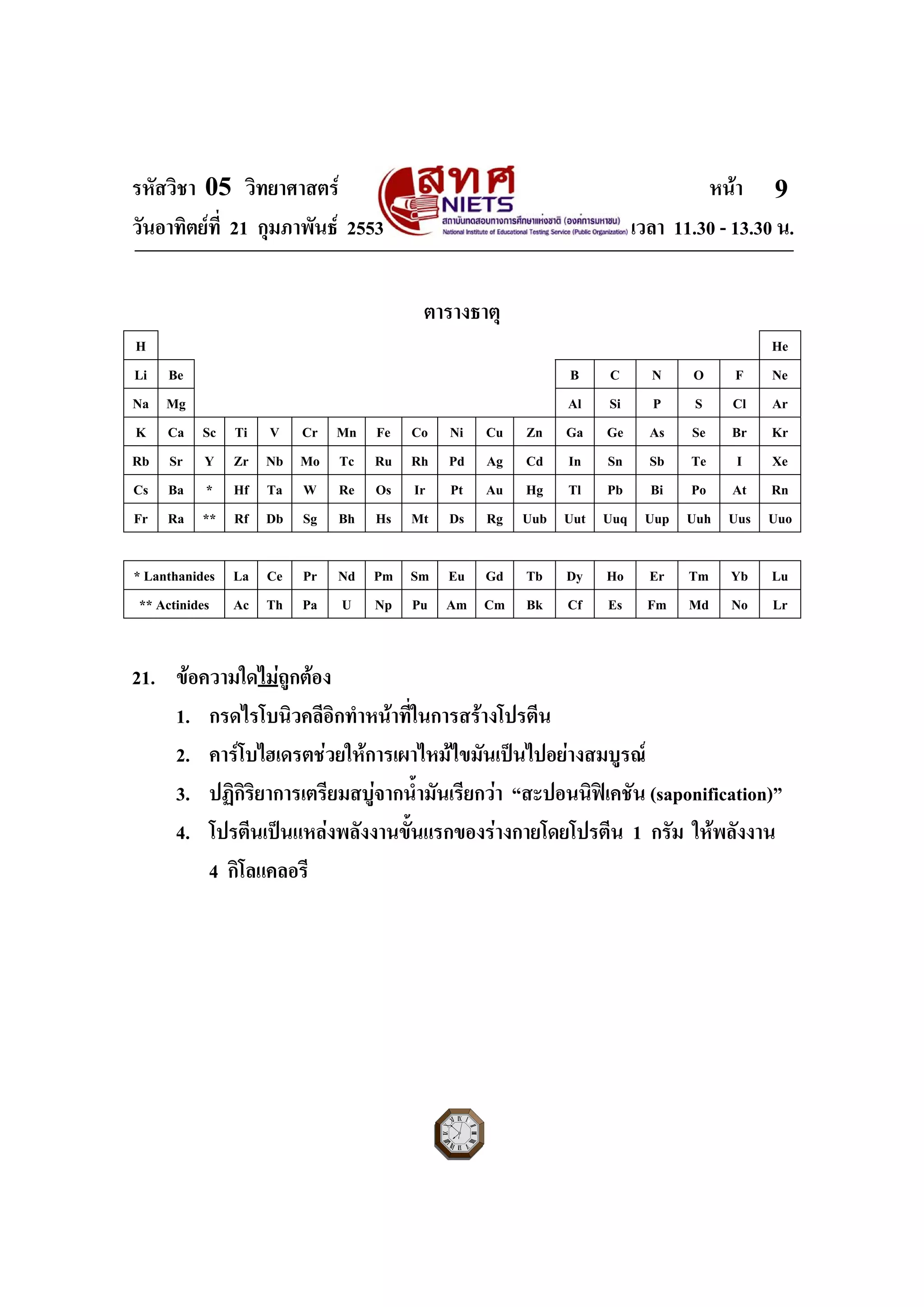รหัสวิชา 05 วิทยาศาสตร หนา
วันอาทิตยที่ 21 กุมภาพันธ 2553 เวลา 11.30 - 13.30 น.
ฉบับ 1 สําหรับการสอบปกติ
9
ตารางธาตุ
H He
Li Be B C N O F Ne
Na Mg Al Si P S Cl Ar
K Ca Sc Ti V Cr Mn Fe Co Ni Cu Zn Ga Ge As Se Br Kr
Rb Sr Y Zr Nb Mo Tc Ru Rh Pd Ag Cd In Sn Sb Te I Xe
Cs Ba * Hf Ta W Re Os Ir Pt Au Hg Tl Pb Bi Po At Rn
Fr Ra ** Rf Db Sg Bh Hs Mt Ds Rg Uub Uut Uuq Uup Uuh Uus Uuo
* Lanthanides La Ce Pr Nd Pm Sm Eu Gd Tb Dy Ho Er Tm Yb Lu
** Actinides Ac Th Pa U Np Pu Am Cm Bk Cf Es Fm Md No Lr
21. ขอความใดไมถูกตอง
1. กรดไรโบนิวคลีอิกทําหนาที่ในการสรางโปรตีน
2. คารโบไฮเดรตชวยใหการเผาไหมไขมันเปนไปอยางสมบูรณ
3. ปฏิกิริยาการเตรียมสบูจากน้ํามันเรียกวา “สะปอนนิฟเคชัน (saponification)”
4. โปรตีนเปนแหลงพลังงานขั้นแรกของรางกายโดยโปรตีน 1 กรัม ใหพลังงาน
4 กิโลแคลอรี
 