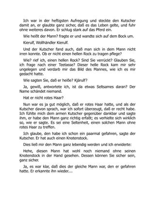 Ich war in der heftigsten Aufregung und steckte den Kutscher
damit an, er glaubte ganz sicher, daß es das Leben gelte, und fuhr
ohne weiteres davon. Er schlug stark auf das Pferd ein.
Wie heißt der Mann? fragte er und wandte sich auf dem Bock um.
Kierulf, Wollhändler Kierulf.
Und der Kutscher fand auch, daß man sich in dem Mann nicht
irren konnte. Ob er nicht einen hellen Rock zu tragen pflege?
Wie? rief ich, einen hellen Rock? Sind Sie verrückt? Glauben Sie,
ich frage nach einer Teetasse? Dieser helle Rock kam mir sehr
ungelegen und verdarb mir das Bild des Mannes, wie ich es mir
gedacht hatte.
Wie sagten Sie, daß er heiße? Kjärulf?
Ja, gewiß, antwortete ich, ist da etwas Seltsames daran? Der
Name schändet niemand.
Hat er nicht rotes Haar?
Nun war es ja gut möglich, daß er rotes Haar hatte, und als der
Kutscher davon sprach, war ich sofort überzeugt, daß er recht habe.
Ich fühlte mich dem armen Kutscher gegenüber dankbar und sagte
ihm, er habe den Mann ganz richtig erfaßt; es verhielte sich wirklich
so, wie er sagte. Es sei eine Seltenheit, einen solchen Mann ohne
rotes Haar zu treffen.
Ich glaube, den habe ich schon ein paarmal gefahren, sagte der
Kutscher. Er hat auch einen Knotenstock.
Dies ließ mir den Mann ganz lebendig werden und ich erwiderte:
Hehe, diesen Mann hat wohl noch niemand ohne seinen
Knotenstock in der Hand gesehen. Dessen können Sie sicher sein,
ganz sicher.
Ja, es war klar, daß dies der gleiche Mann war, den er gefahren
hatte. Er erkannte ihn wieder....
 