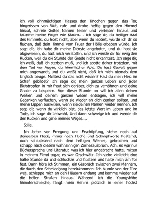 ich voll ohnmächtigen Hasses den Knochen gegen das Tor,
hingerissen von Wut, rufe und drohe heftig gegen den Himmel
hinauf, schreie Gottes Namen heiser und verbissen hinaus und
krümme meine Finger wie Klauen.... Ich sage dir, du heiliger Baal
des Himmels, du lebst nicht, aber wenn du lebtest, würde ich dir so
fluchen, daß dein Himmel vom Feuer der Hölle erbeben würde. Ich
sage dir, ich habe dir meine Dienste angeboten, und du hast sie
abgewiesen, du hast mich verstoßen, und ich wende dir für ewig den
Rücken, weil du die Stunde der Gnade nicht erkanntest. Ich sage dir,
ich weiß, daß ich sterben muß, und ich spotte deiner trotzdem, mit
dem Tod vor Augen, du himmlischer Apis. Du hast Gewalt gegen
mich angewandt, und du weißt nicht, daß ich mich niemals dem
Unglück beuge. Mußtest du das nicht wissen? Hast du mein Herz im
Schlaf gebildet? Ich sage dir, mein ganzes Leben und jeder
Blutstropfen in mir freut sich darüber, dich zu verhöhnen und deine
Gnade zu bespeien. Von dieser Stunde an will ich allen deinen
Werken und deinem ganzen Wesen entsagen, ich will meine
Gedanken verfluchen, wenn sie wieder an dich denken sollten, und
meine Lippen ausreißen, wenn sie deinen Namen wieder nennen. Ich
sage dir, wenn du wirklich bist, das letzte Wort im Leben und im
Tode, ich sage dir Lebwohl. Und dann schweige ich und wende dir
den Rücken und gehe meines Weges....
Stille.
Ich bebe vor Erregung und Erschöpfung, stehe noch auf
demselben Fleck, immer noch Flüche und Schimpfworte flüsternd,
noch schlucksend nach dem heftigen Weinen, gebrochen und
schlapp nach diesem wahnsinnigen Zornesausbruch. Ach, es war nur
Büchersprache und Literatur, was ich hier angebracht hatte, mitten
in meinem Elend sogar, es war Geschwätz. Ich stehe vielleicht eine
halbe Stunde da und schluchze und flüstere und halte mich am Tor
fest. Dann höre ich Stimmen, ein Gespräch zwischen zwei Männern,
die durch den Schmiedgang hereinkommen. Ich taumle von der Türe
weg, schleppe mich an den Häusern entlang und komme wieder auf
die hellen Straßen hinaus. Während ich die Youngshöhe
hinunterschleiche, fängt mein Gehirn plötzlich in einer höchst
 