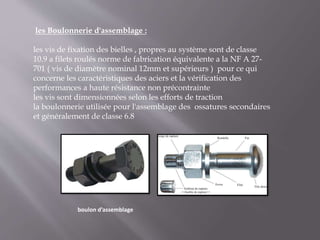 les Boulonnerie d'assemblage :
les vis de fixation des bielles , propres au système sont de classe
10.9 a filets roulés norme de fabrication équivalente a la NF A 27-
701 ( vis de diamètre nominal 12mm et supérieurs ) pour ce qui
concerne les caractéristiques des aciers et la vérification des
performances a haute résistance non précontrainte
les vis sont dimensionnées selon les efforts de traction
la boulonnerie utilisée pour l'assemblage des ossatures secondaires
et généralement de classe 6.8
boulon d’assemblage
 