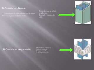 Protection par produits
en plaques.
Exemple : plaques de
plâtre
3)-Produits en plaques :
L’avantages de cette solution est de rester
dans une logique de filière sèche
Protection par écran :
poteau intégré
à la maçonnerie.
4)-Produits en maçonnerie :
 