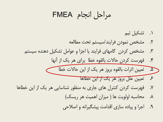 ‫اًجام‬ ‫هشاحل‬FMEA
.1‫ت٘ن‬ ‫تطک٘ل‬
.2‫فشاٌٗذ‬ ‫ًوَدى‬ ‫هطخص‬/ِ‫هطالؼ‬ ‫تحت‬ ‫س٘ستن‬
.3‫س٘ستن‬ ُ‫دٌّذ‬ ‫تطک٘ل‬ ‫ػَاهل‬ ٍ ‫اجضا‬ ‫ٗا‬ ‫فشاٌٗذ‬ ٕ‫گاهْا‬ ‫کشدى‬ ‫هطخص‬
.4‫آًْا‬ ‫اص‬ ‫ٗک‬ ‫ّش‬ ٕ‫تشا‬ ‫خطا‬ َُ‫تالق‬ ‫حاالت‬ ‫کشدى‬ ‫فْشست‬
.5‫خطا‬ ‫حاالت‬ ‫اٗي‬ ‫اص‬ ‫ٗک‬ ‫ّش‬ ‫تشٍص‬ َُ‫تالق‬ ‫احشات‬ ‫تؼ٘٘ي‬
.6‫خطاّا‬ ‫اٗي‬ ‫اص‬ ‫ٗک‬ ‫ّش‬ ‫تشٍص‬ ‫ػلل‬ ‫تؼ٘٘ي‬
.7‫خطاّا‬ ‫اٗي‬ ‫اص‬ ‫ٗک‬ ‫ّش‬ ٖٗ‫ضٌاسا‬ ‫هٌظَس‬ ِ‫ت‬ ٕ‫جاس‬ ٕ‫ّا‬ ‫کٌتشل‬ ‫کشدى‬ ‫فْشست‬
.8‫ّا‬ ‫اٍلَٗت‬ ِ‫هحاسث‬(‫سٗسک‬ ‫ّش‬ ‫اّو٘ت‬ ‫ه٘ضاى‬)
.9ٖ‫اصالح‬ ٍ ًِ‫پ٘طگ٘شا‬ ‫اقذاهت‬ ٕ‫ساص‬ ُ‫پ٘اد‬ ٍ ‫اجشا‬
 