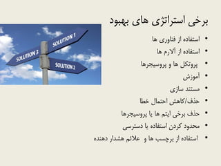 ‫تْثَد‬ ٕ‫ّا‬ ٕ‫استشاتژ‬ ٖ‫تشخ‬
•‫ّا‬ ٕ‫فٌاٍس‬ ‫اص‬ ُ‫استفاد‬
•‫ّا‬ ‫آالسم‬ ‫اص‬ ُ‫استفاد‬
•‫پشٍس٘جشّا‬ ٍ ‫ّا‬ ‫پشٍتکل‬
•‫آهَصش‬
•ٕ‫ساص‬ ‫هستٌذ‬
•‫حزف‬/‫خطا‬ ‫احتوال‬ ‫کاّص‬
•‫پشٍس٘جشّا‬ ‫ٗا‬ ‫ّا‬ ‫اٗتن‬ ٖ‫تشخ‬ ‫حزف‬
•ٖ‫دستشس‬ ‫ٗا‬ ُ‫استفاد‬ ‫کشدى‬ ‫هحذٍد‬
•ُ‫دٌّذ‬ ‫ّطذاس‬ ‫ػالئن‬ ٍ ‫ّا‬ ‫تشچسة‬ ‫اص‬ ُ‫استفاد‬
 