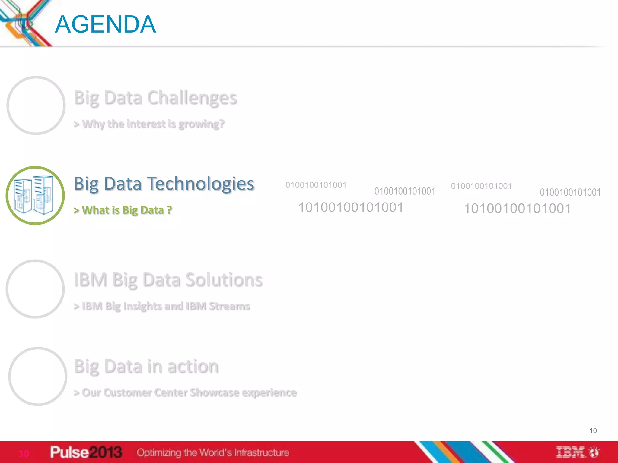 AGENDA

      Big Data Challenges
      > Why the interest is growing?




      Big Data Technologies
      > What is Big Data ?




      IBM Big Data Solutions
      > IBM Big Insights and IBM Streams




      Big Data in action
      > Our Customer Center Showcase experience


                                                  10


10
 