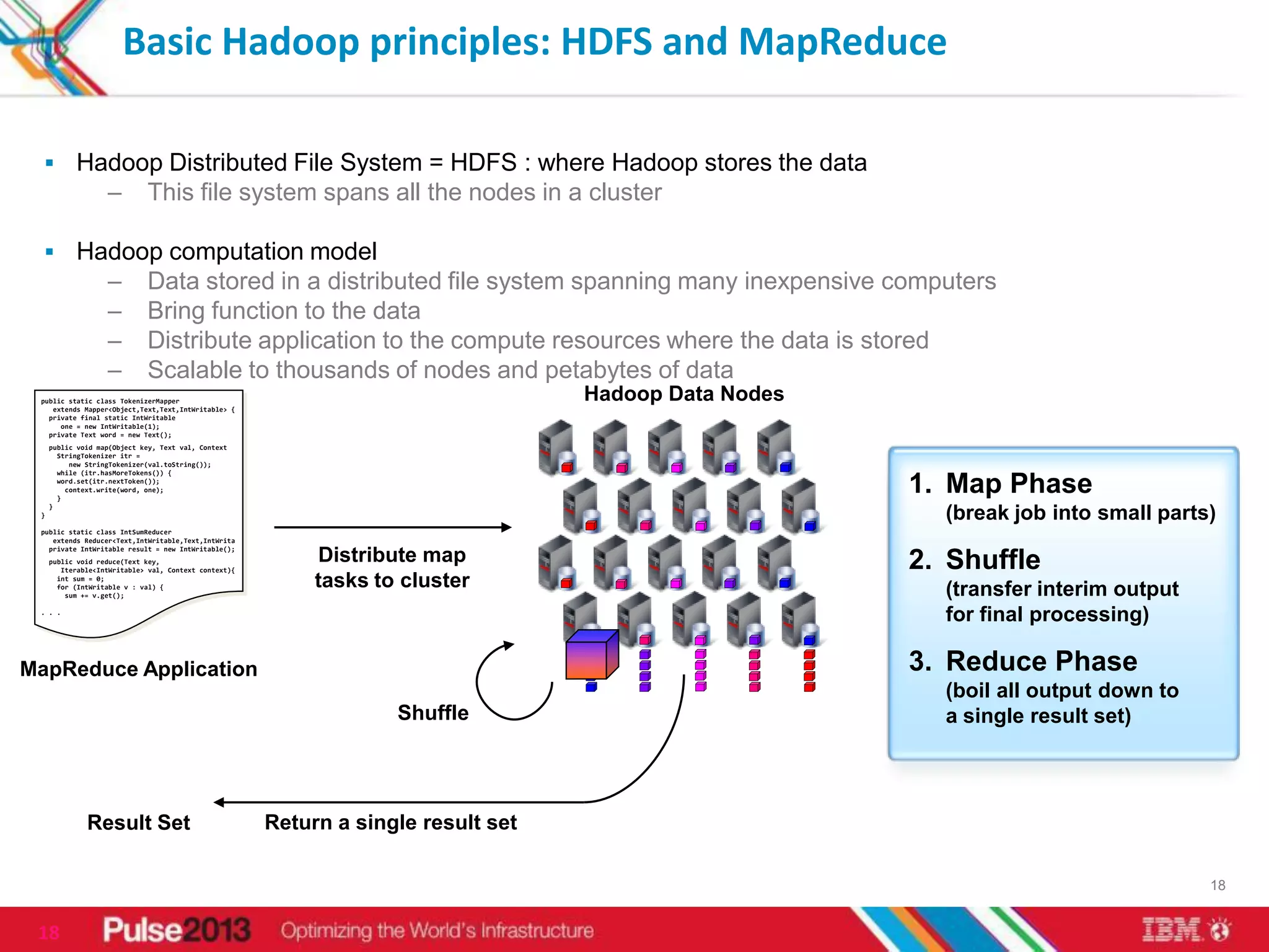 Basic Hadoop principles: HDFS and MapReduce

   Hadoop Distributed File System = HDFS : where Hadoop stores the data
                   –         This file system spans all the nodes in a cluster

   Hadoop computation model
                   –         Data stored in a distributed file system spanning many inexpensive computers
                   –         Bring function to the data
                   –         Distribute application to the compute resources where the data is stored
                   –         Scalable to thousands of nodes and petabytes of data
 public static class TokenizerMapper                                                Hadoop Data Nodes
    extends Mapper<Object,Text,Text,IntWritable> {
   private final static IntWritable
      one = new IntWritable(1);
   private Text word = new Text();
     public void map(Object key, Text val, Context
       StringTokenizer itr =
          new StringTokenizer(val.toString());
       while (itr.hasMoreTokens()) {
       word.set(itr.nextToken());

       }
         context.write(word, one);                                                                      1. Map Phase
     }
 }                                                                                                        (break job into small parts)
 public static class IntSumReducer
    extends Reducer<Text,IntWritable,Text,IntWrita
   private IntWritable result = new IntWritable();
     public void reduce(Text key,                           Distribute map                              2. Shuffle
        Iterable<IntWritable> val, Context context){
       int sum = 0;
       for (IntWritable v : val) {                          tasks to cluster                              (transfer interim output
         sum += v.get();

 . . .
                                                                                                          for final processing)

MapReduce Application                                                                                   3. Reduce Phase
                                                                                                          (boil all output down to
                                                                    Shuffle                               a single result set)




              Result Set                               Return a single result set

                                                                                                                                     18


 18
 