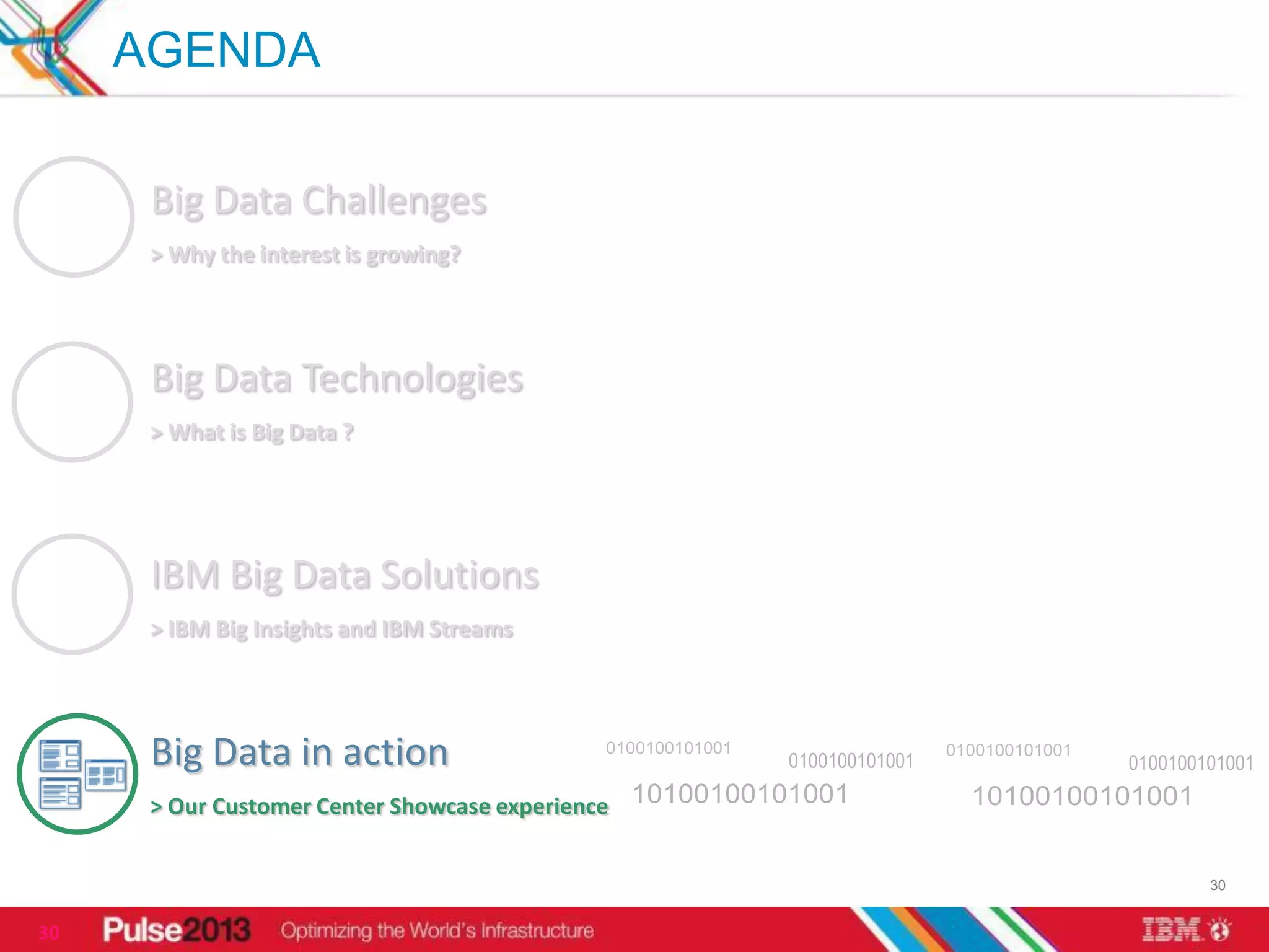 AGENDA

      Big Data Challenges
      > Why the interest is growing?




      Big Data Technologies
      > What is Big Data ?




      IBM Big Data Solutions
      > IBM Big Insights and IBM Streams




      Big Data in action
      > Our Customer Center Showcase experience


                                                  30


30
 