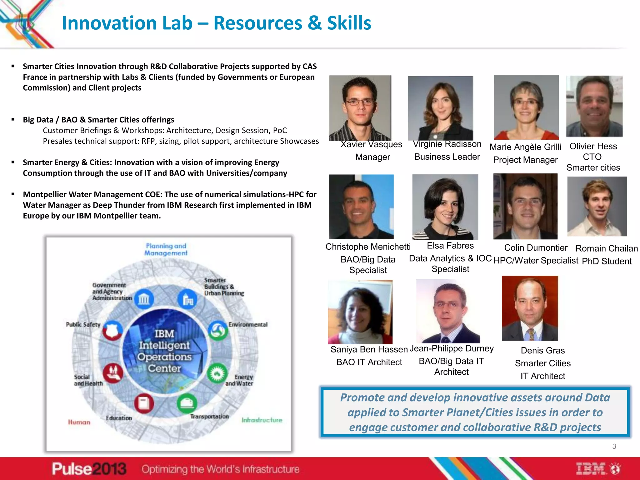 Innovation Lab – Resources & Skills
 Smarter Cities Innovation through R&D Collaborative Projects supported by CAS
  France in partnership with Labs & Clients (funded by Governments or European
  Commission) and Client projects


 Big Data / BAO & Smarter Cities offerings
       Customer Briefings & Workshops: Architecture, Design Session, PoC
       Presales technical support: RFP, sizing, pilot support, architecture Showcases      Xavier Vasques   Virginie Radisson Marie Angèle Grilli Olivier Hess
                                                                                              Manager       Business Leader Project Manager           CTO
 Smarter Energy & Cities: Innovation with a vision of improving Energy
                                                                                                                                                  Smarter cities
  Consumption through the use of IT and BAO with Universities/company

 Montpellier Water Management COE: The use of numerical simulations-HPC for
  Water Manager as Deep Thunder from IBM Research first implemented in IBM
  Europe by our IBM Montpellier team.


                                                                                        Christophe Menichetti   Elsa Fabres        Colin Dumontier Romain Chailan
                                                                                           BAO/Big Data     Data Analytics & IOC HPC/Water Specialist PhD Student
                                                                                              Specialist         Specialist




                                                                                         Saniya Ben Hassen Jean-Philippe Durney       Denis Gras
                                                                                          BAO IT Architect   BAO/Big Data IT         Smarter Cities
                                                                                                                Architect             IT Architect

                                                                                           Promote and develop innovative assets around Data
                                                                                            applied to Smarter Planet/Cities issues in order to
                                                                                             engage customer and collaborative R&D projects
                                                                                                                                                             3
 