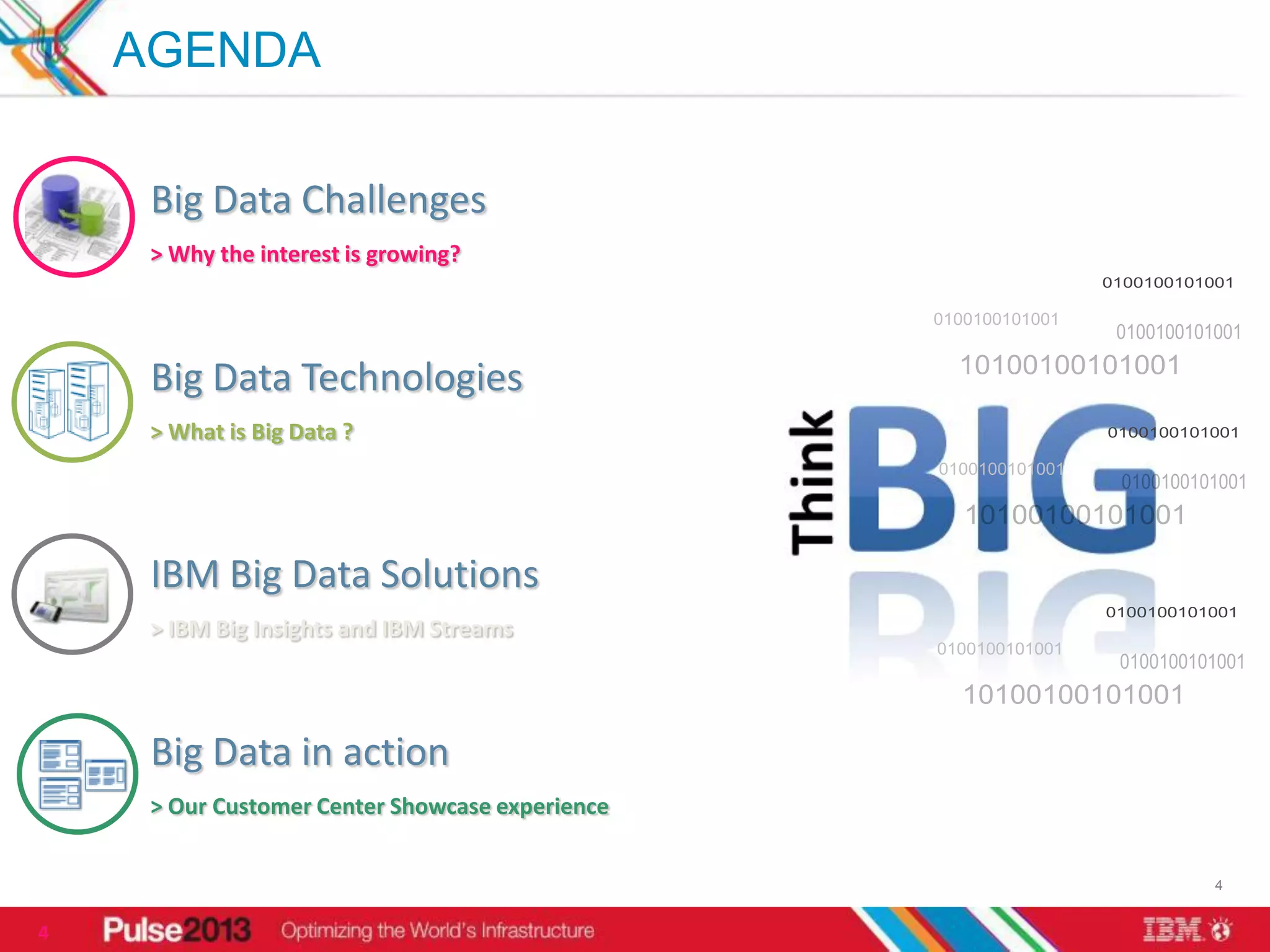 AGENDA

     Big Data Challenges
     > Why the interest is growing?




     Big Data Technologies
     > What is Big Data ?




     IBM Big Data Solutions
     > IBM Big Insights and IBM Streams




     Big Data in action
     > Our Customer Center Showcase experience


                                                 4


4
 