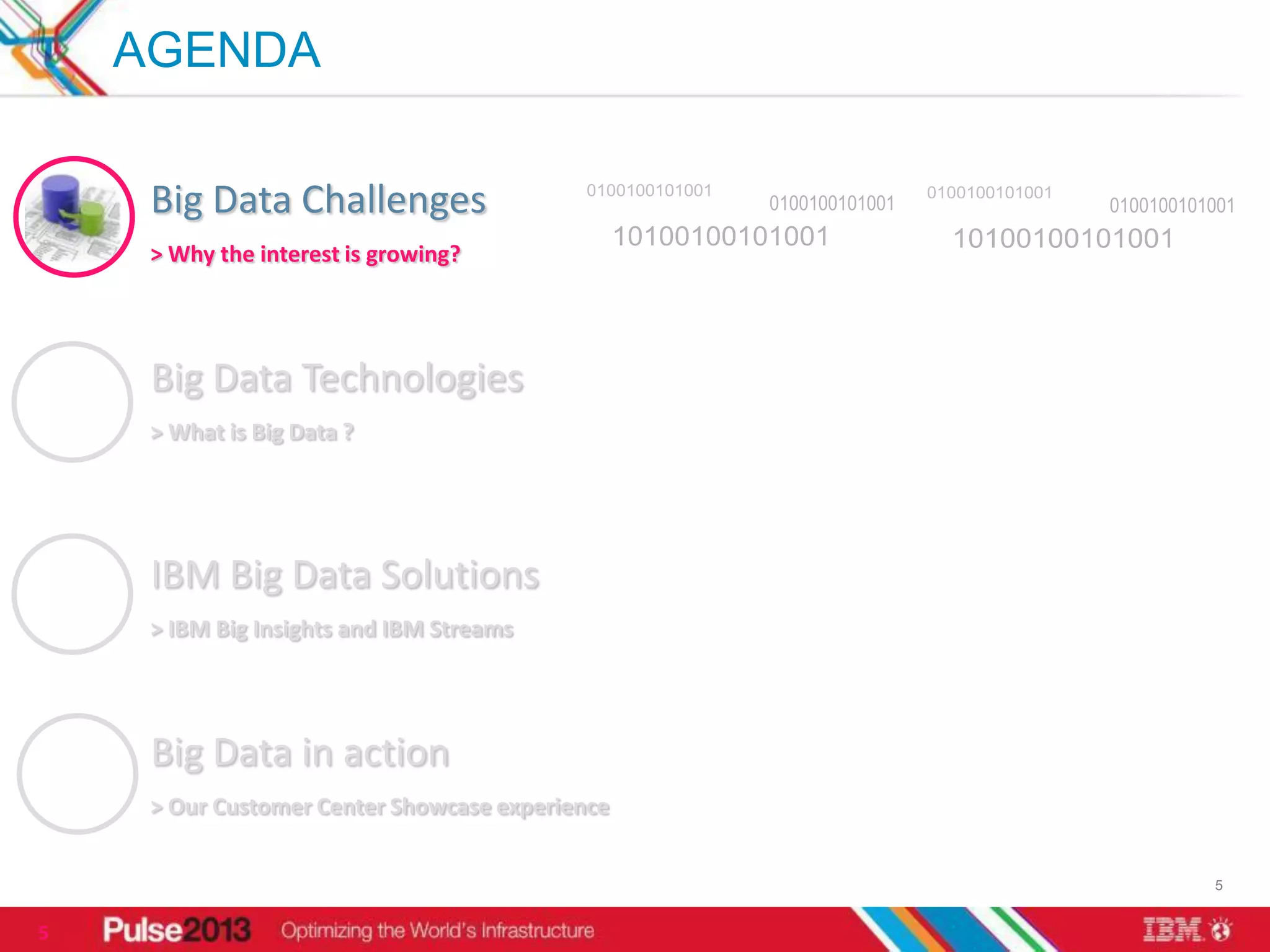AGENDA

     Big Data Challenges
     > Why the interest is growing?




     Big Data Technologies
     > What is Big Data ?




     IBM Big Data Solutions
     > IBM Big Insights and IBM Streams




     Big Data in action
     > Our Customer Center Showcase experience


                                                 5


5
 