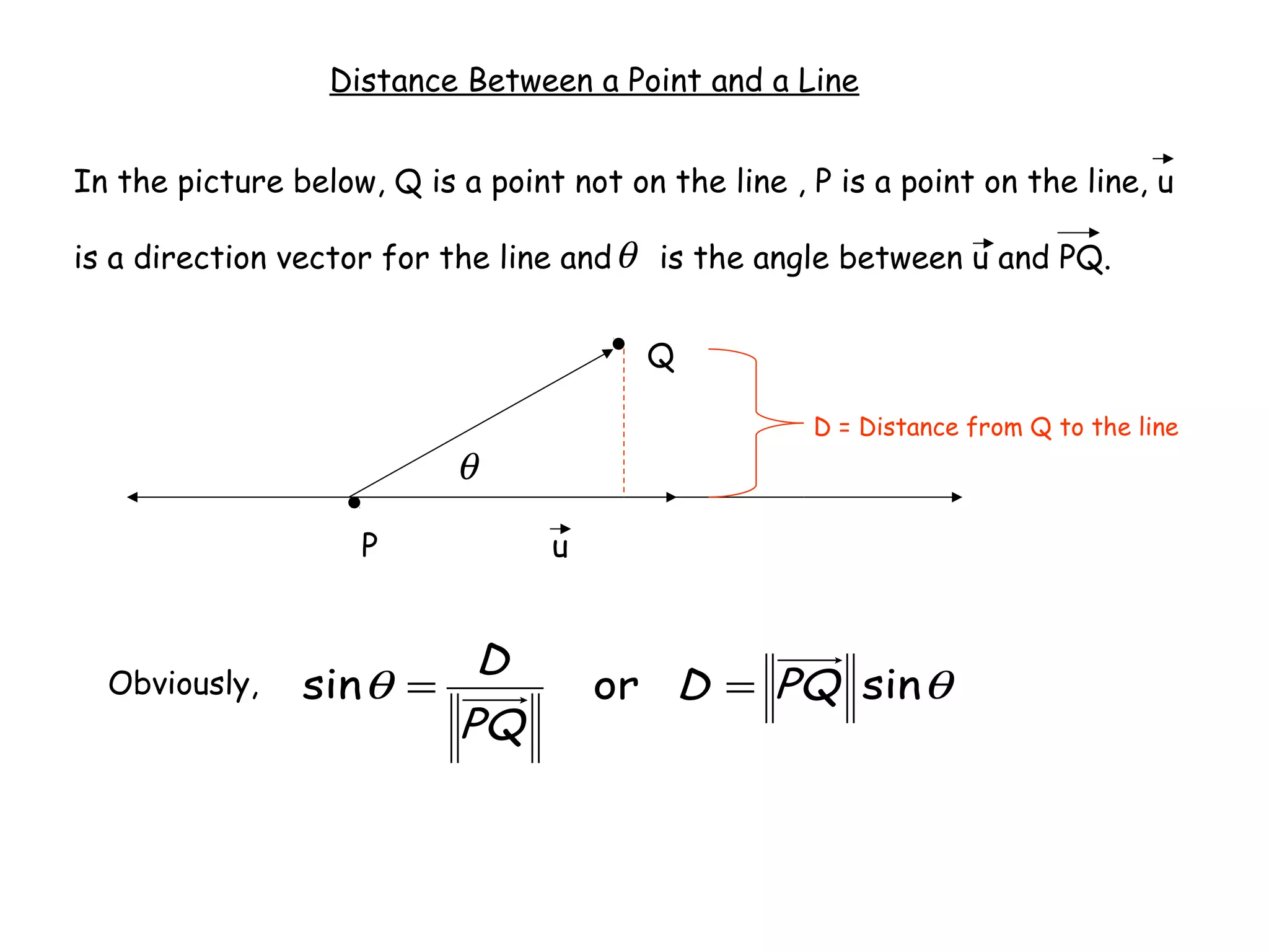 Distance Between a Point and a Line
In the picture below, Q is a point not on the line , P is a point on the line, u
is a direction vector for the line and is the angle between u and PQ.
P
Q
u
D = Distance from Q to the line
Obviously, θθ sinorsin PQD
PQ
D
==
θ
θ
 
