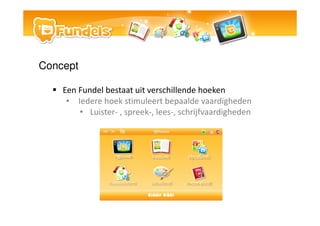 Concept

    Een Fundel bestaat uit verschillende hoeken
     ? Iedere hoek stimuleert bepaalde vaardigheden
        ? Luister- , spreek-, lees-, schrijfvaardigheden
 