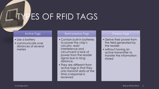 TYPES OF RFID TAGS
Active Tags
• Use a battery
• communicate over
distances of several
meters
Semi-passive Tags
• Contain built-in batteries
to power the chip’s
circuitry, resist
interference and
circumvent a lack of
power from the reader
signal due to long
distance.
• They are different from
active tags in that they
only transmit data at the
time a response is
received
Passive Tags
• Derive their power from
the field generated by
the reader
• without having an
active transmitter to
transfer the information
stored
15 October 2015 RFID & APPLICATION 6
 