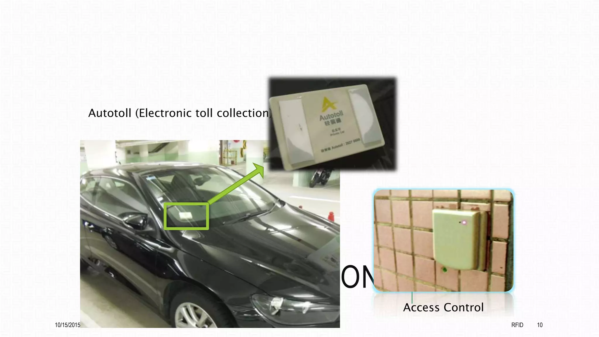 APPLICATIONS
Autotoll (Electronic toll collection)
Access Control
10/15/2015 RFID 10
 