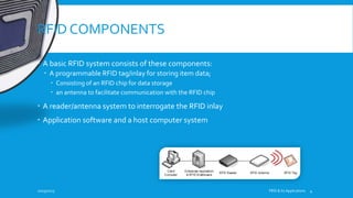 RFID COMPONENTS
 A basic RFID system consists of these components:
 A programmable RFID tag/inlay for storing item data;
 Consisting of an RFID chip for data storage
 an antenna to facilitate communication with the RFID chip
 A reader/antenna system to interrogate the RFID inlay
 Application software and a host computer system
10/19/2015 FRID & Its Applications 4
 